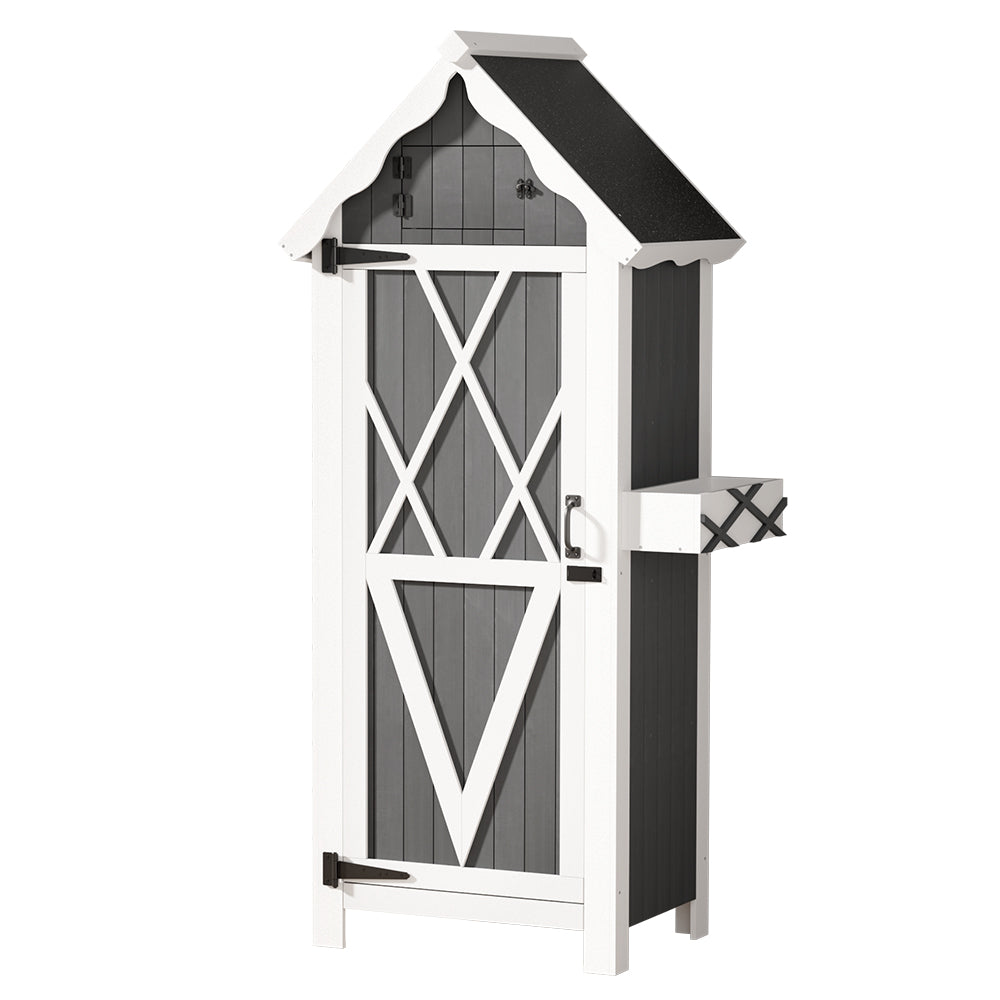 Outdoor Wooden Storage Cabinet Shed with Shelves and Chest - Grey & White