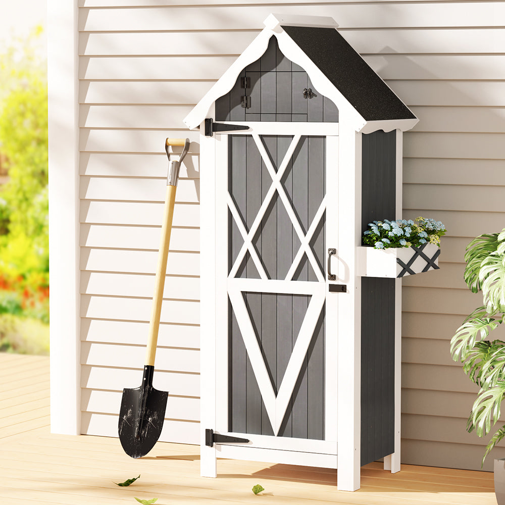 Outdoor Wooden Storage Cabinet Shed with Shelves and Chest - Grey & White