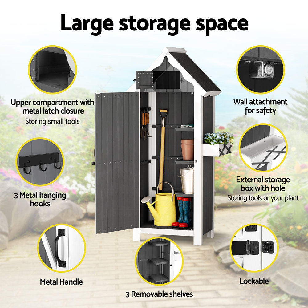 Outdoor Wooden Storage Cabinet Shed with Shelves and Chest - Grey & White