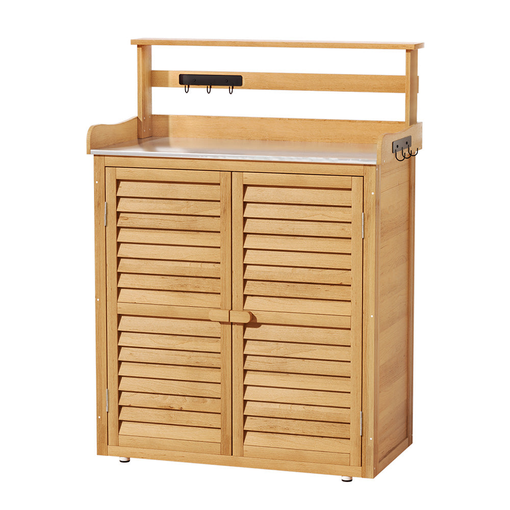 Outdoor Storage Cabinet with Potting Bench, Shelves & Chest - Natural