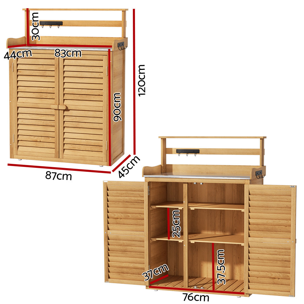 Outdoor Storage Cabinet with Potting Bench, Shelves & Chest - Natural