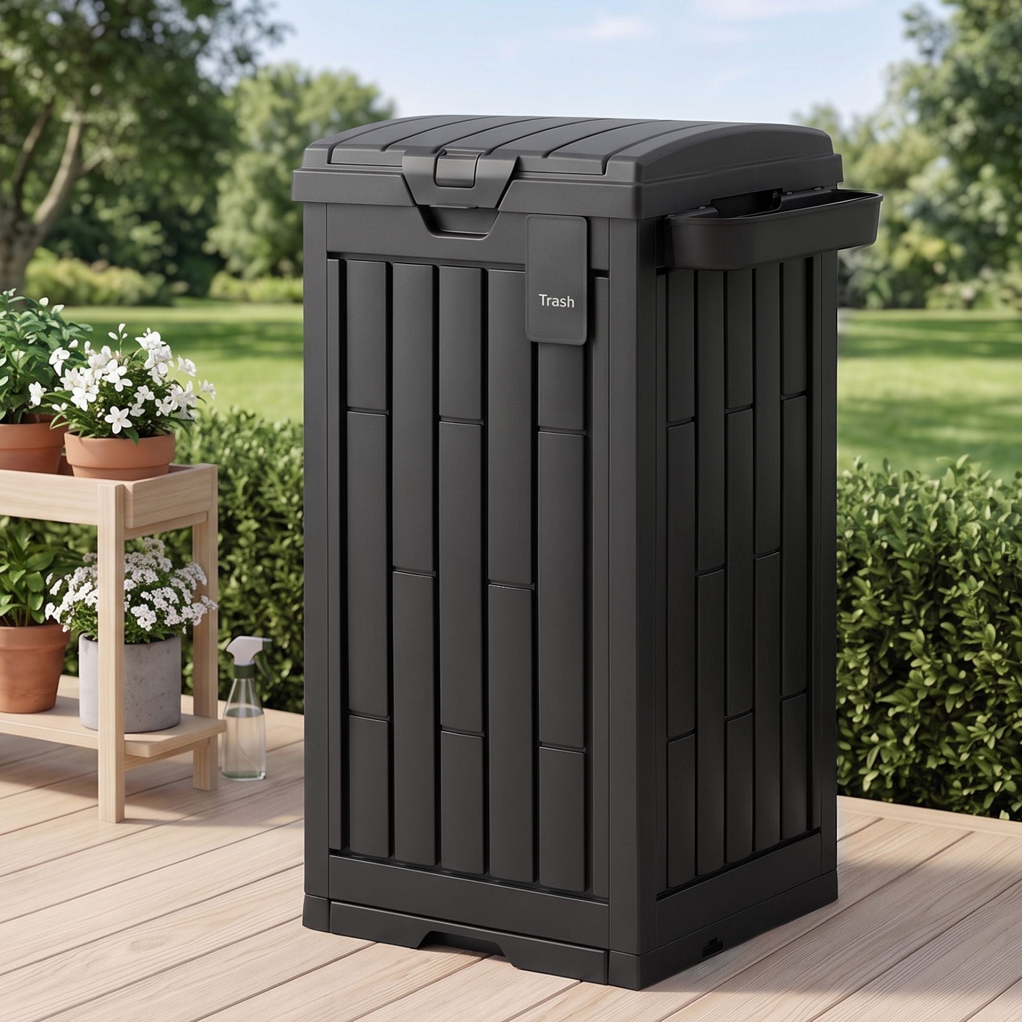 Outdoor Trash Cans Polypropylene Patio Hideaway Bin 110L Black