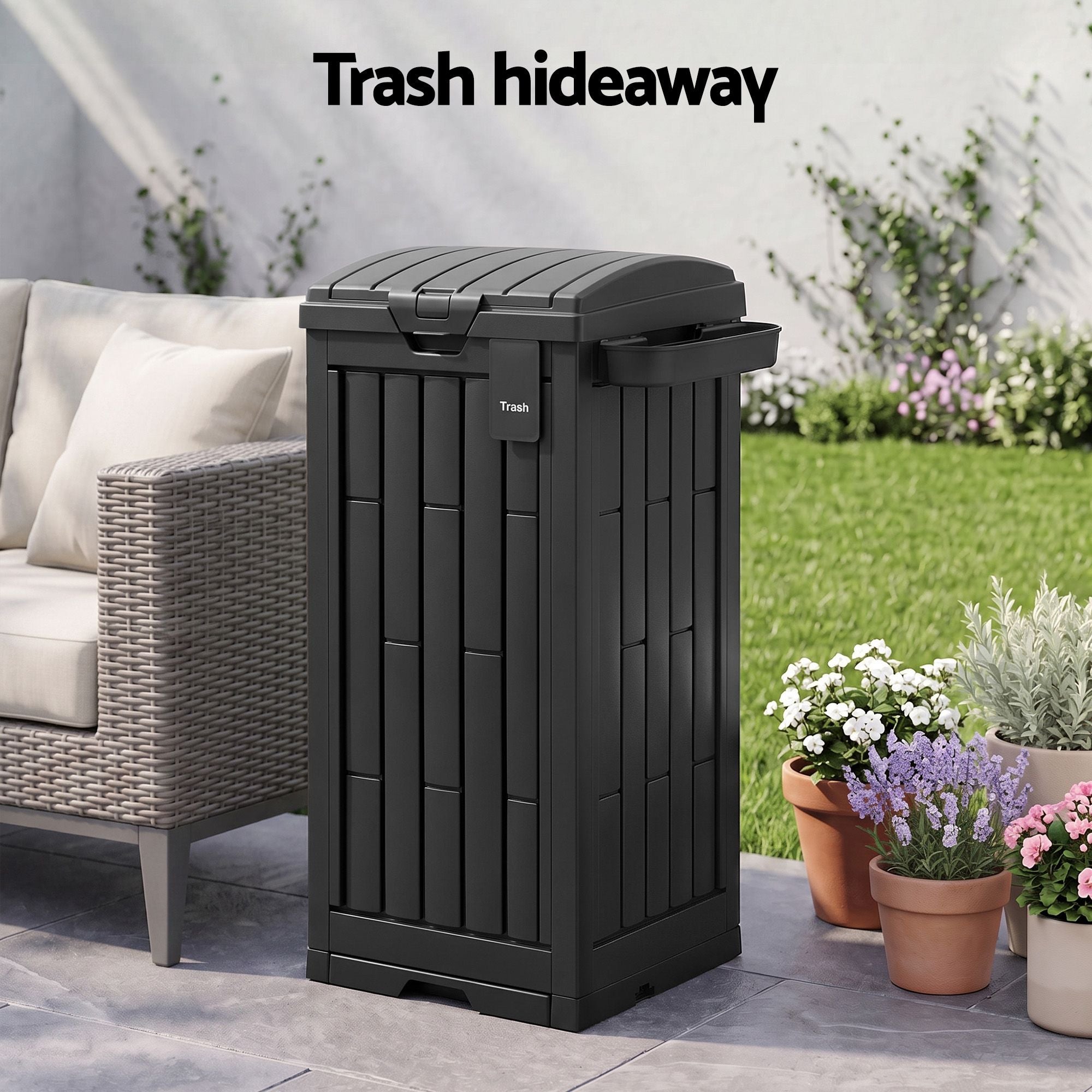 Outdoor Trash Cans Polypropylene Patio Hideaway Bin 110L Black