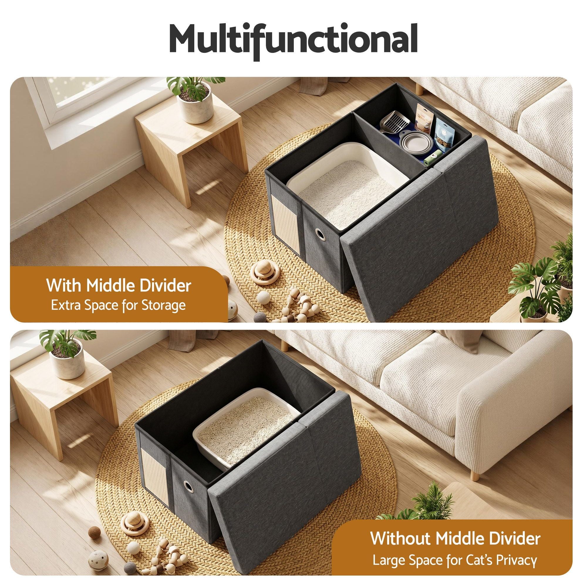 Storage Ottoman Foot Stool Cat Litter Box Enclosure Foldable Grey
