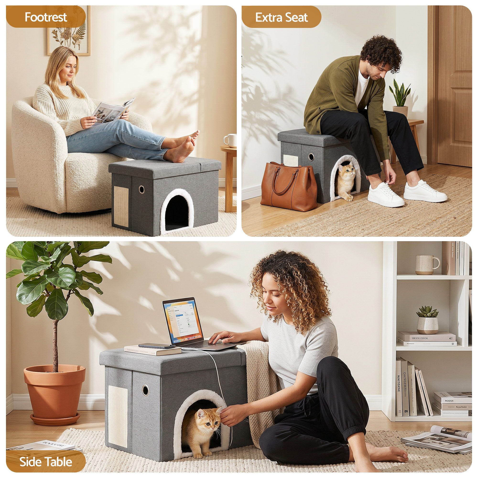 Storage Ottoman Foot Stool Cat Litter Box Enclosure Foldable Grey