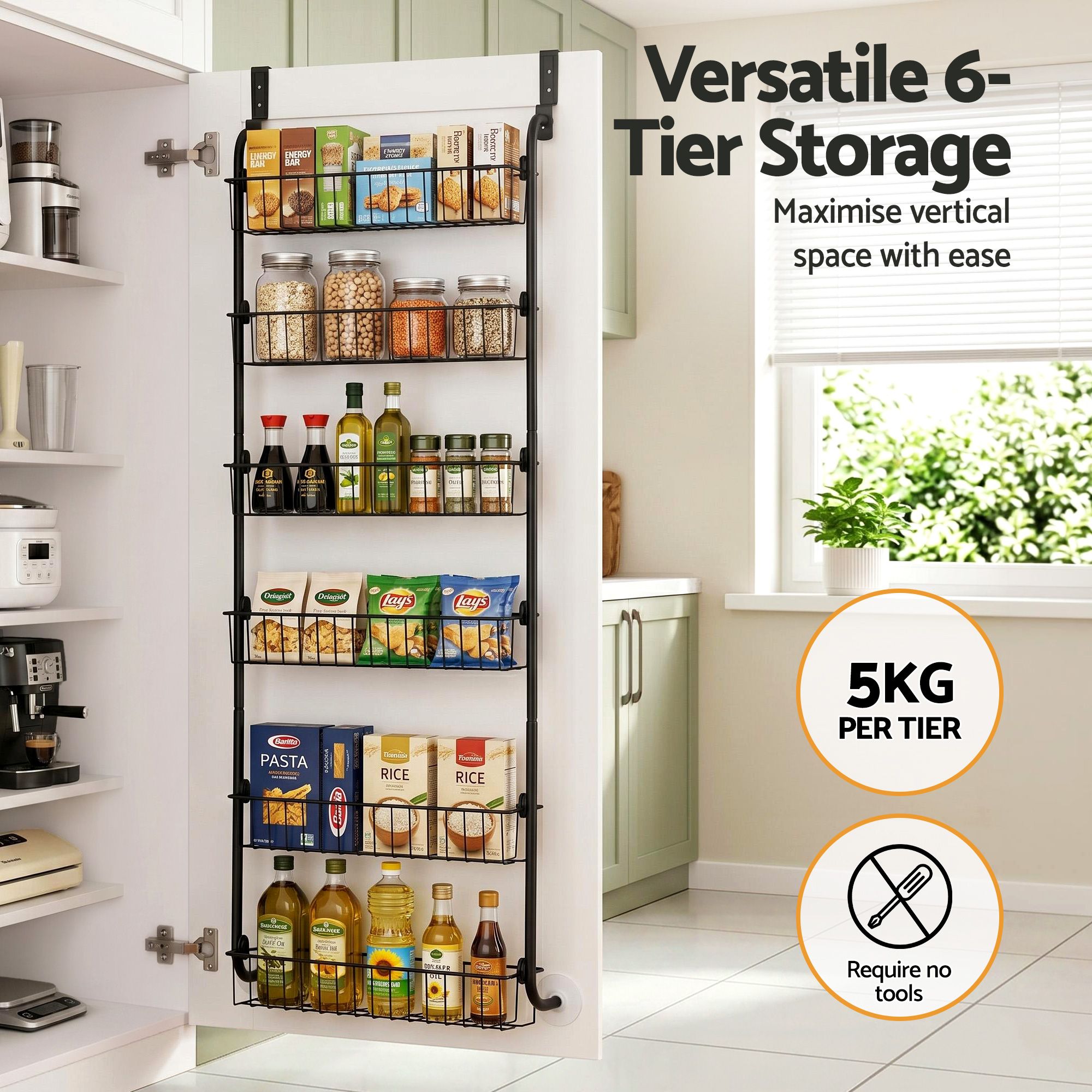 Over Door Storage Hanger Pantry 6-Tier Metal Hook Hanging Organiser Black