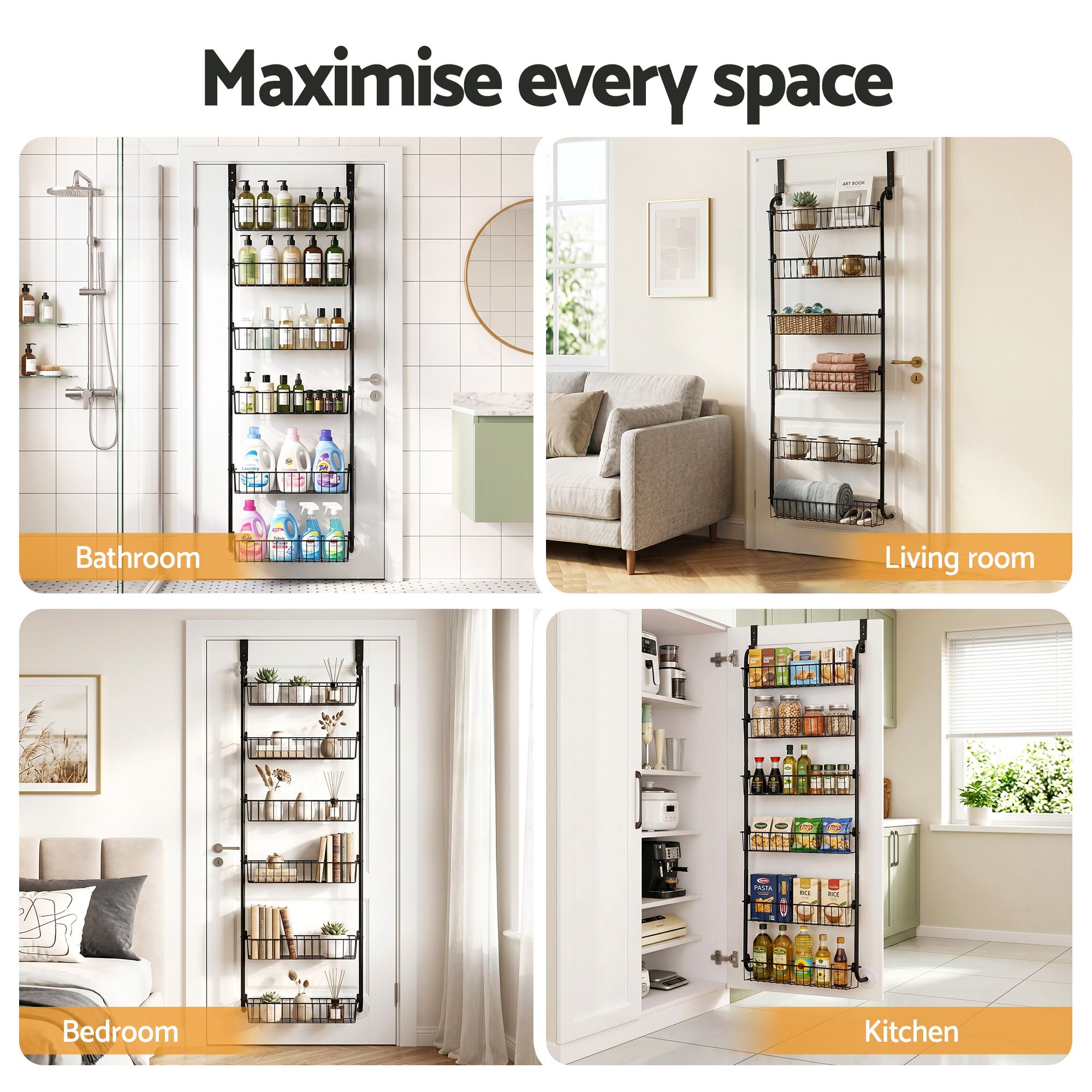 Over Door Storage Hanger Pantry 6-Tier Metal Hook Hanging Organiser Black