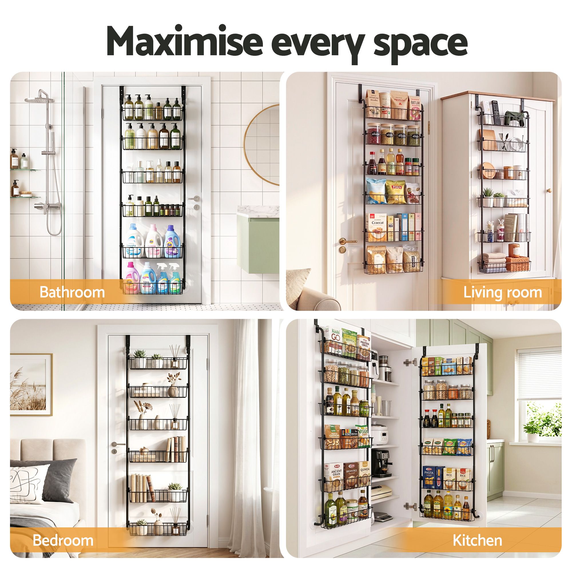 2x Over Door Storage Pantry Organiser 6-Tier Metal Hanger Hook Black