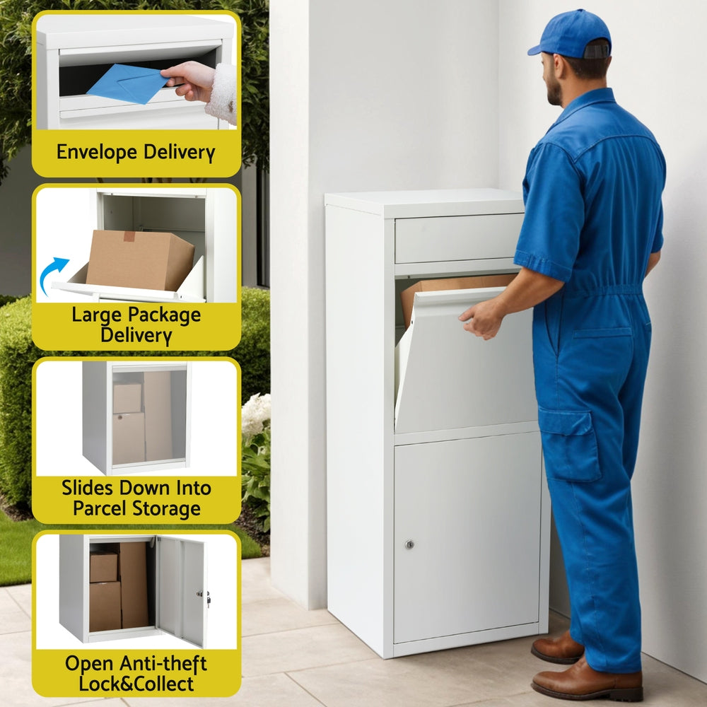 Parcel Letterbox Drop Box with Lock and 2 Slots for Mail & Parcels - White