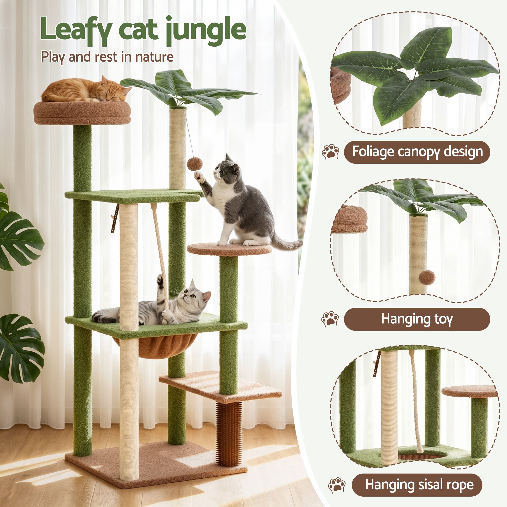 Cat Tree Tower 152cm Jungle Multi-Level Scratching Post Leafy Canopy
