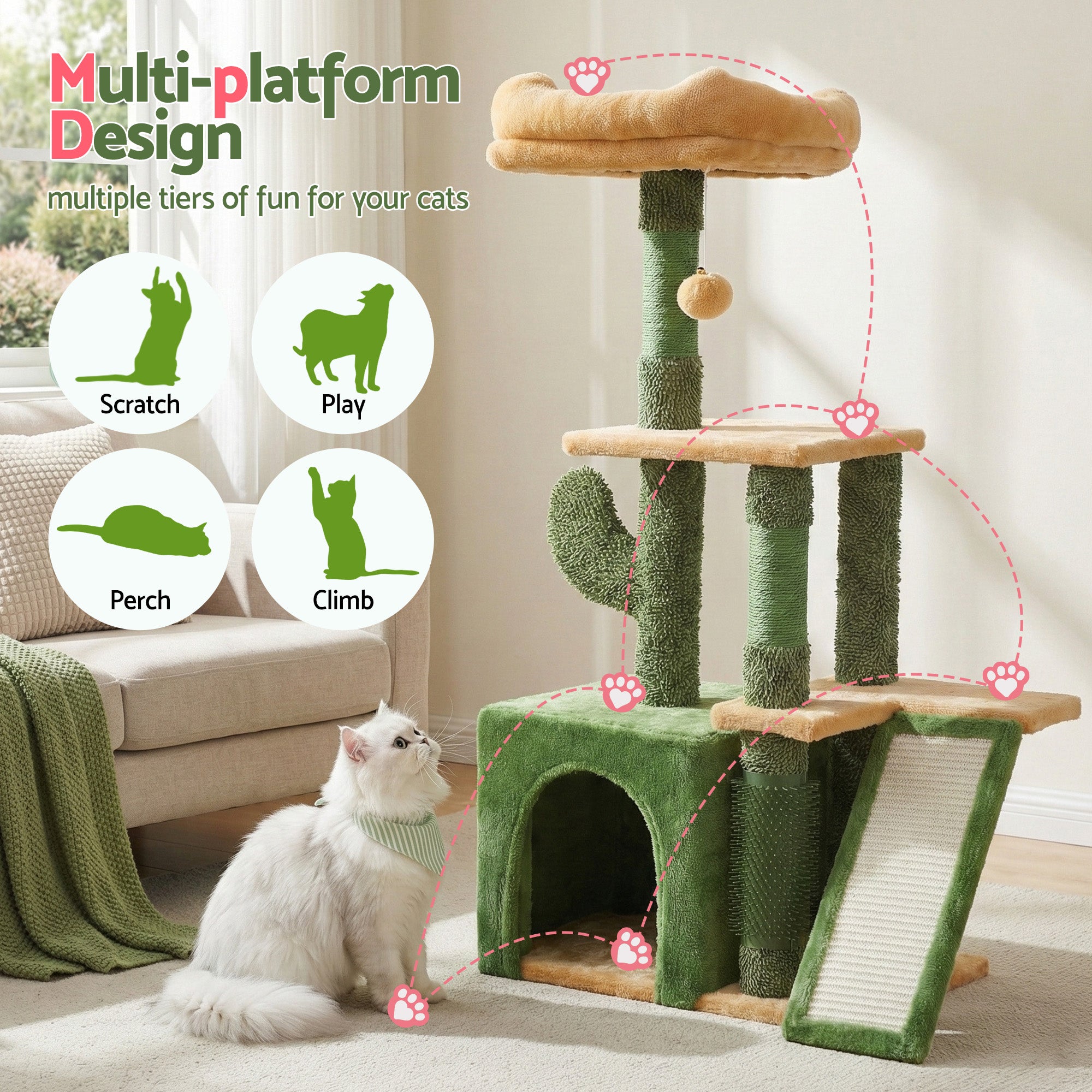 Cat Tree Tower 101cm Scratching Post Furniture Scratcher House - Green