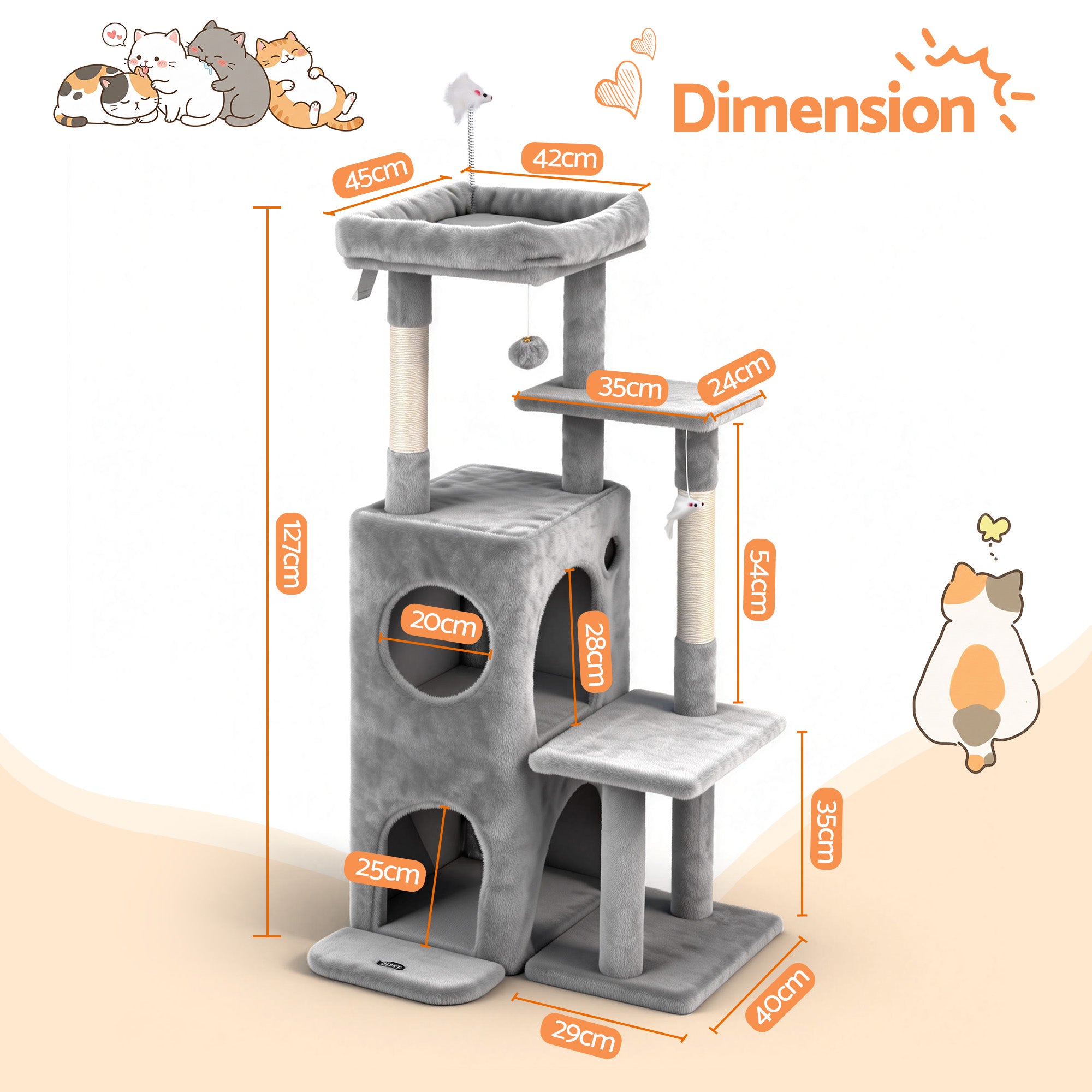 i.Pet Cat Tree Tower 127cm Scratching Post Furniture Scratcher - Light Grey
