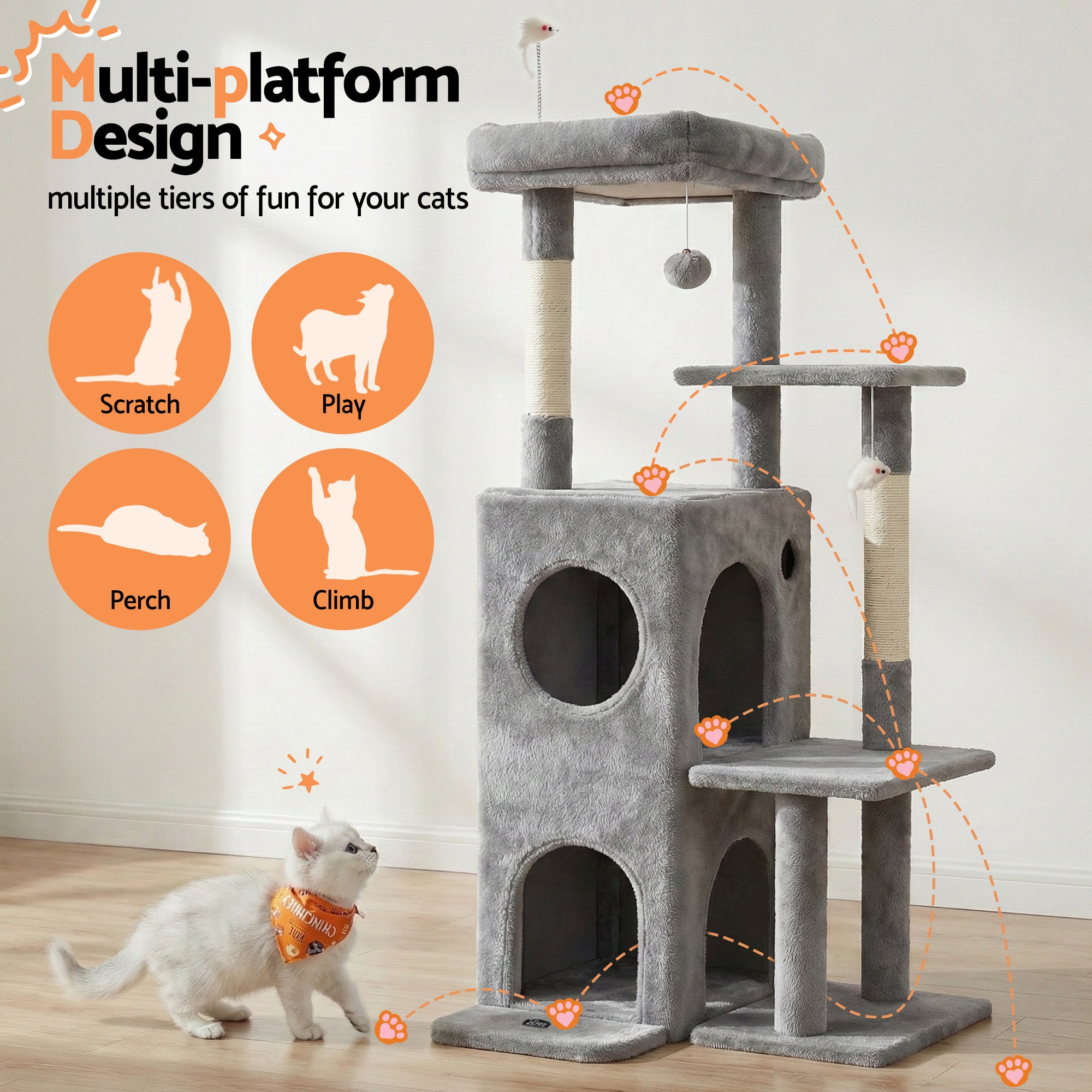 i.Pet Cat Tree Tower 127cm Scratching Post Furniture Scratcher - Light Grey