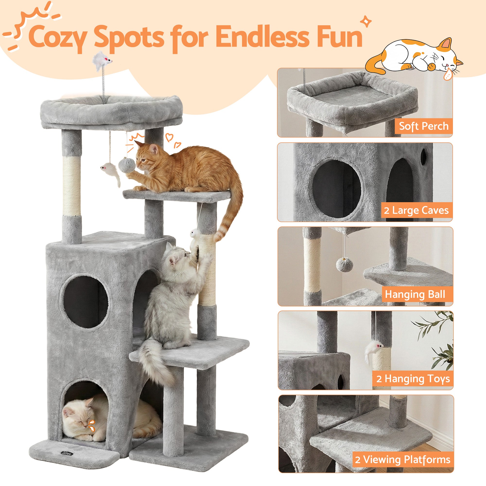 i.Pet Cat Tree Tower 127cm Scratching Post Furniture Scratcher - Light Grey