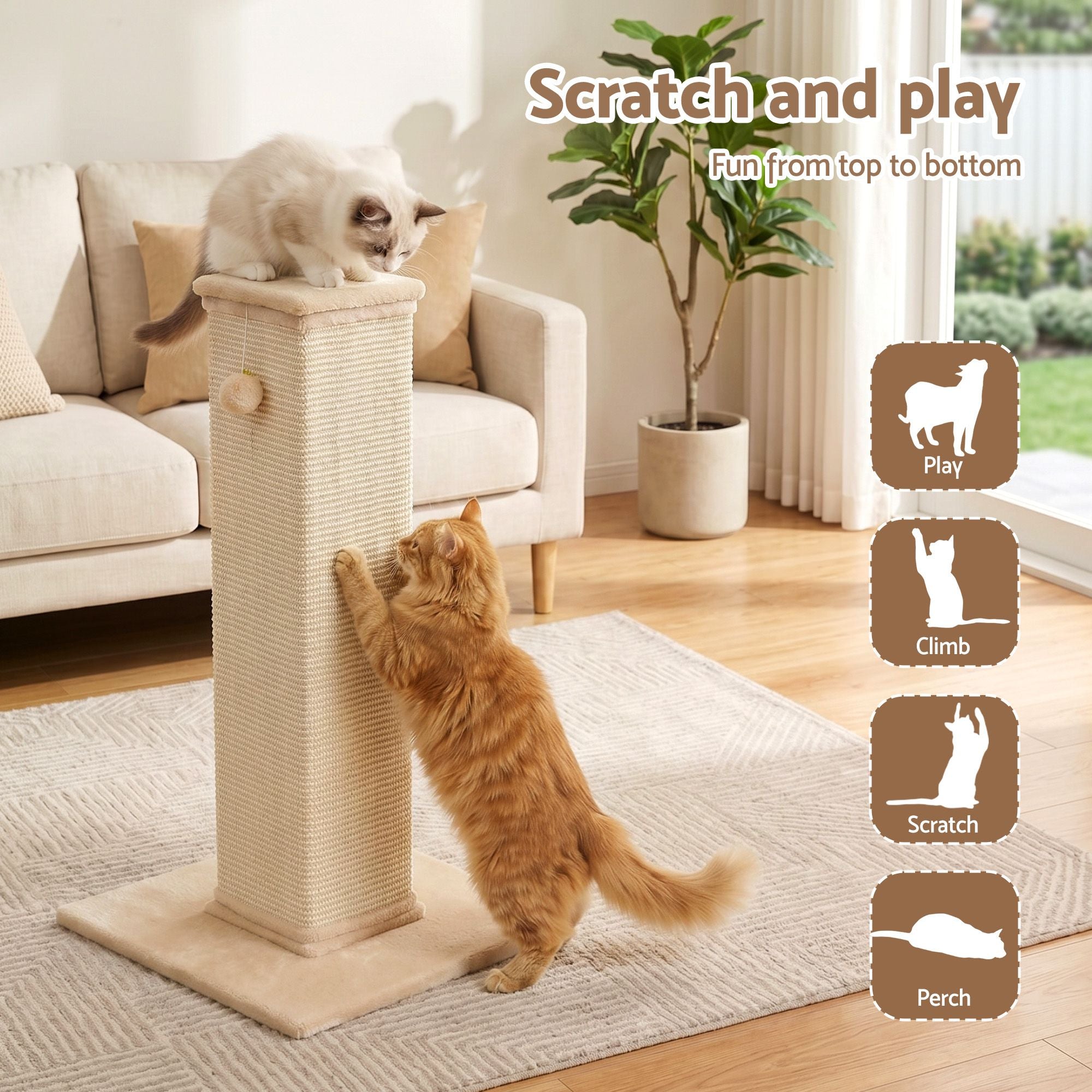 Cat Tree 89cm Scratching Post Tower Scratcher Wood Condo Bed House Trees Beige