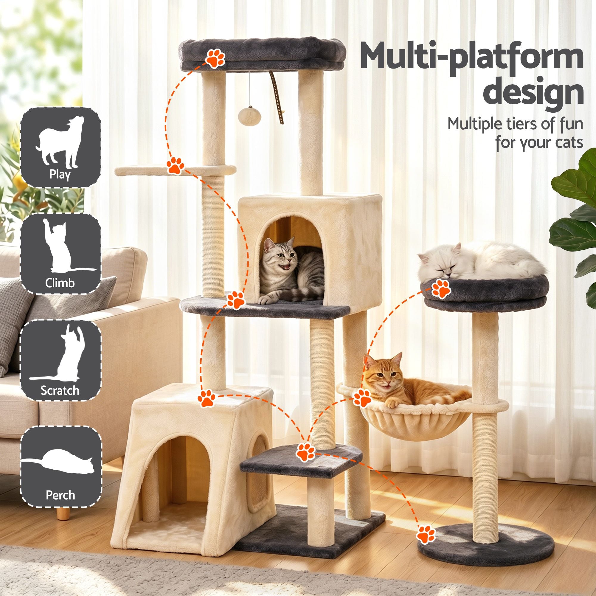 Cat Tree Tower 133cm Rotatable L-Shape Design Scratching Post Furniture Scratcher House Grey & Beige