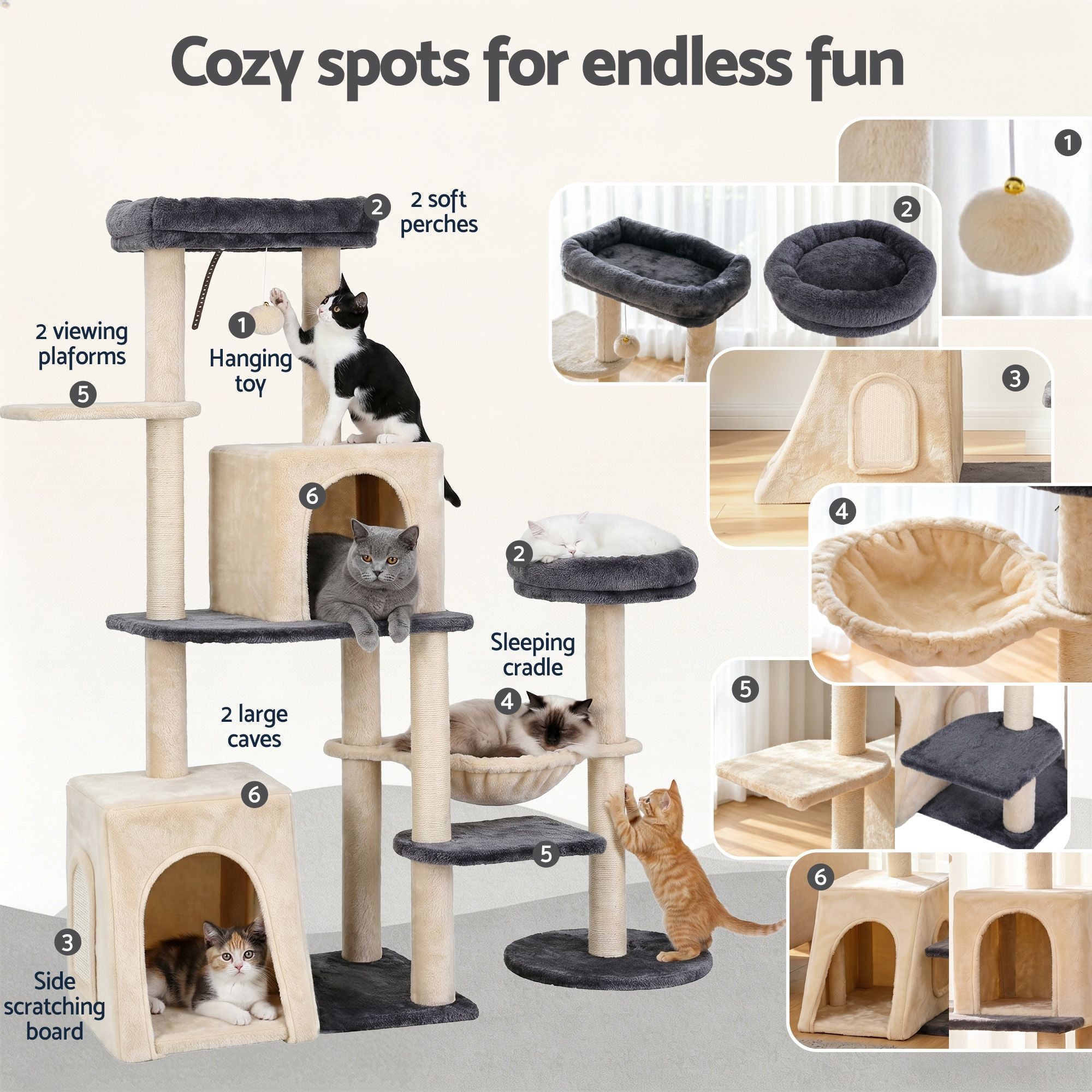 Cat Tree Tower 133cm Rotatable L-Shape Design Scratching Post Furniture Scratcher House Grey & Beige