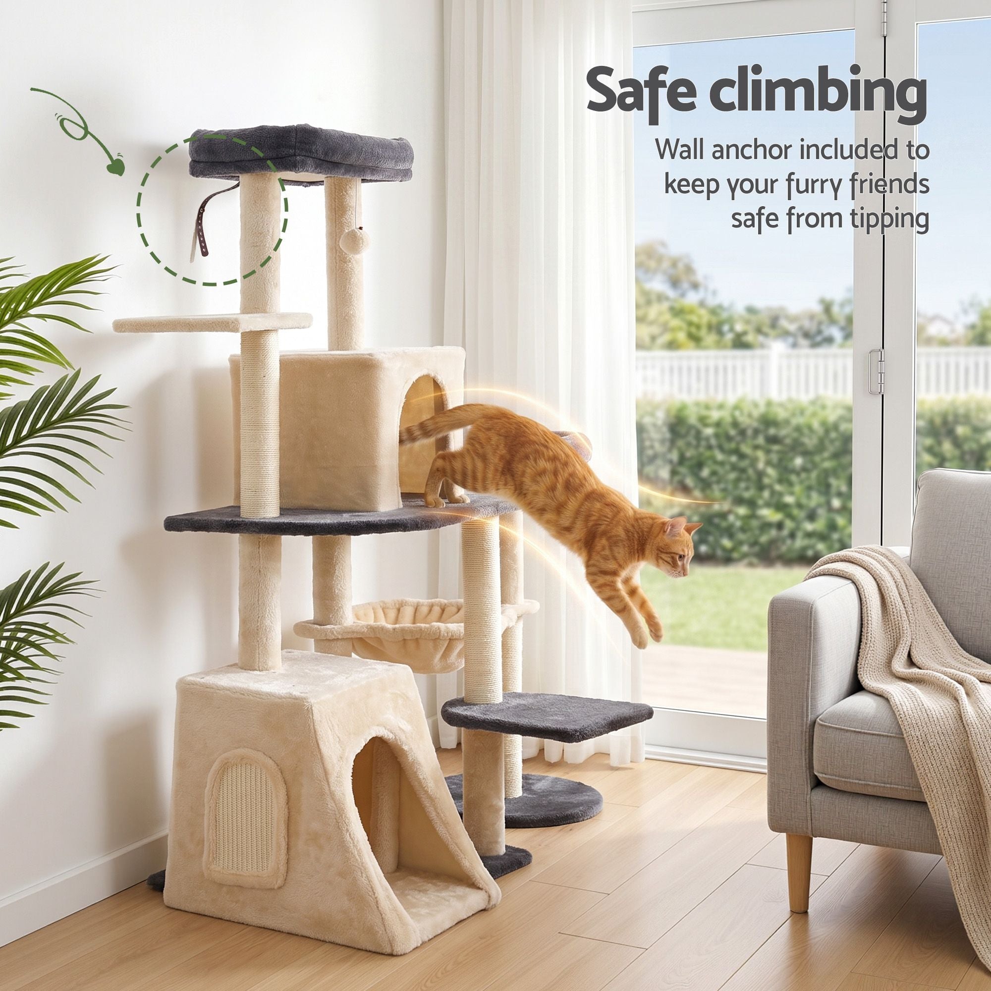 Cat Tree Tower 133cm Rotatable L-Shape Design Scratching Post Furniture Scratcher House Grey & Beige