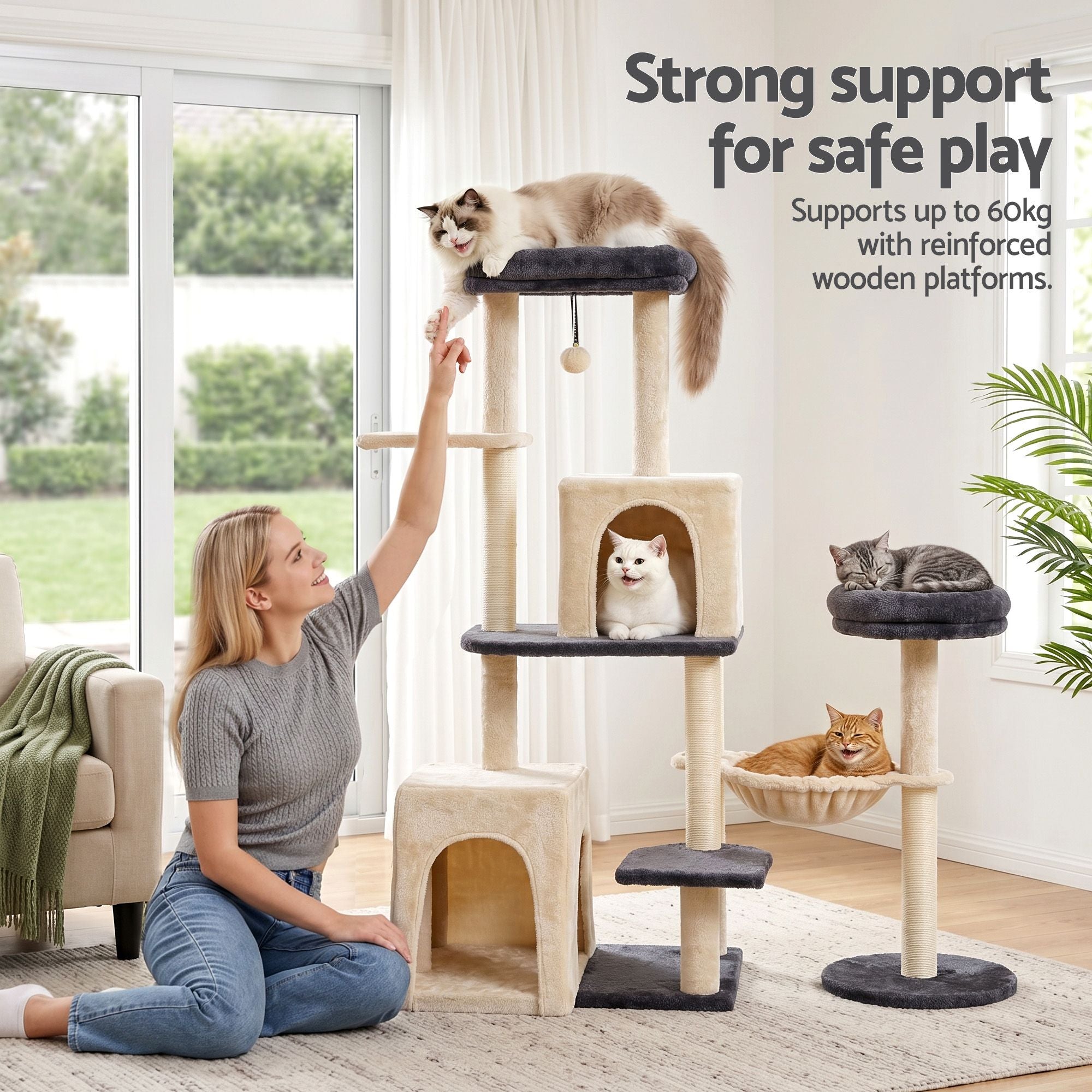 Cat Tree Tower 133cm Rotatable L-Shape Design Scratching Post Furniture Scratcher House Grey & Beige