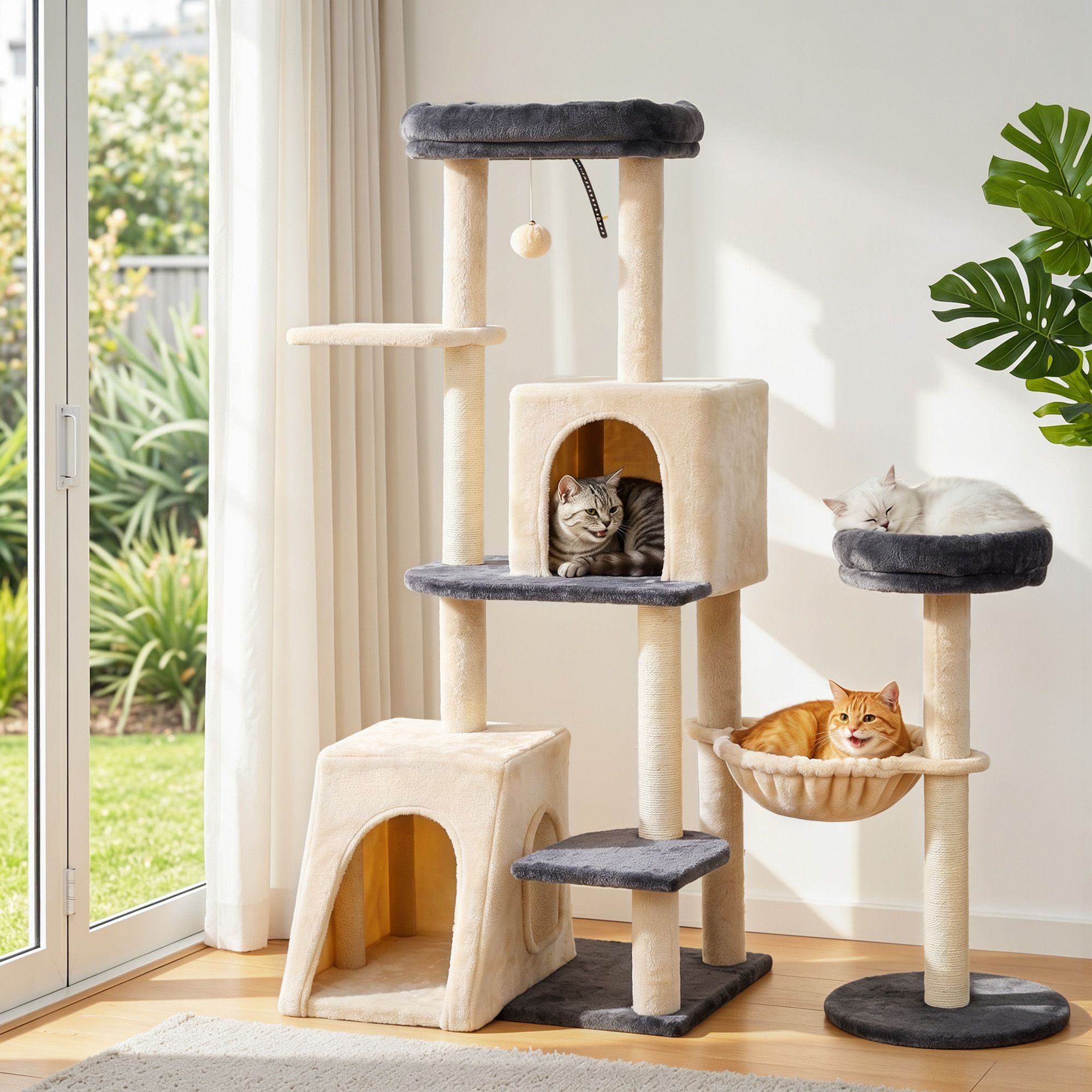 Cat Tree Tower 133cm Rotatable L-Shape Design Scratching Post Furniture Scratcher House Grey & Beige