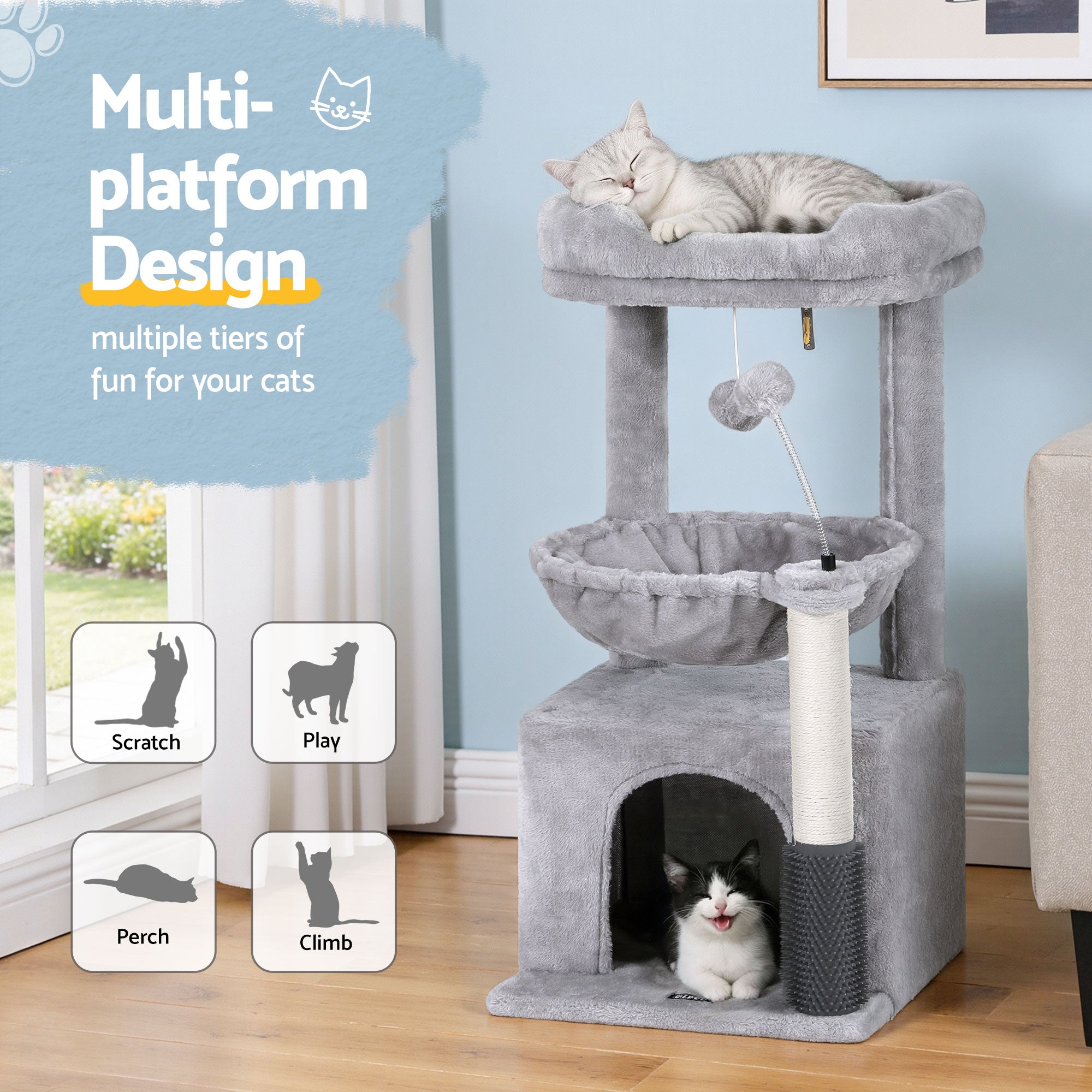 i.Pet Cat Tree Tower 82cm Scratching Post Furniture Scratcher House - Light Grey