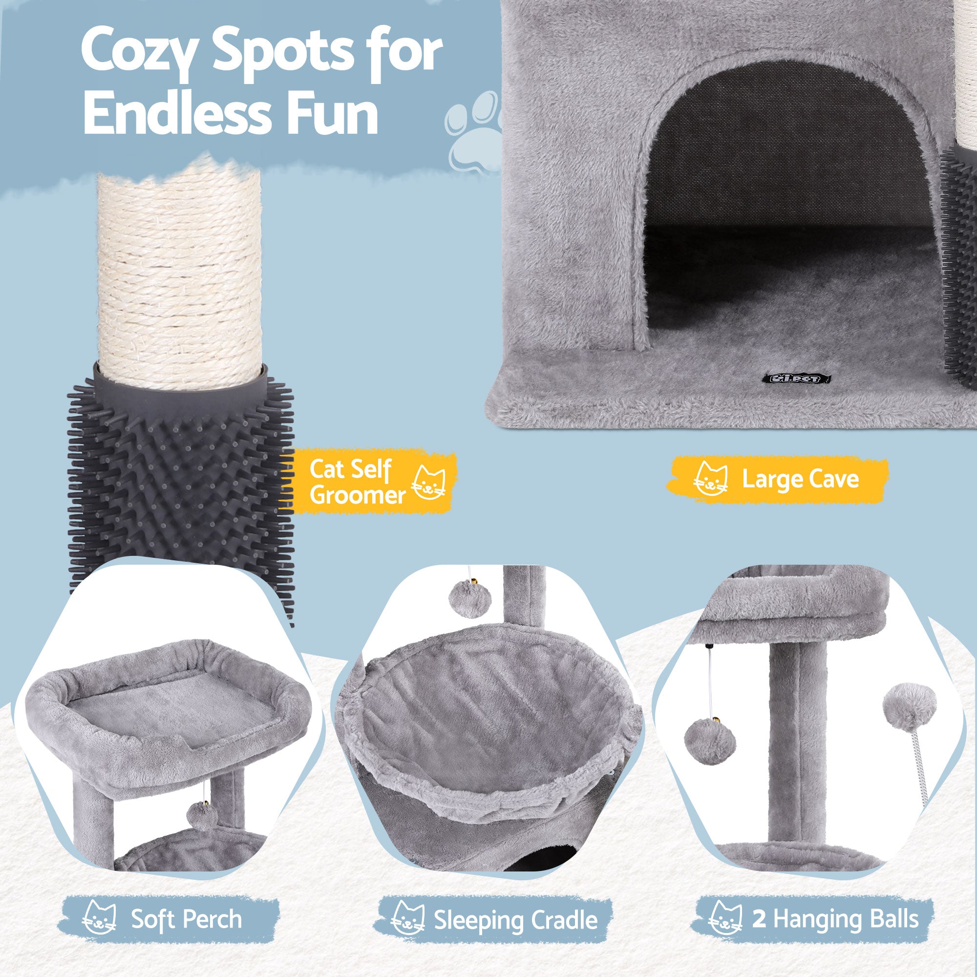 i.Pet Cat Tree Tower 82cm Scratching Post Furniture Scratcher House - Light Grey