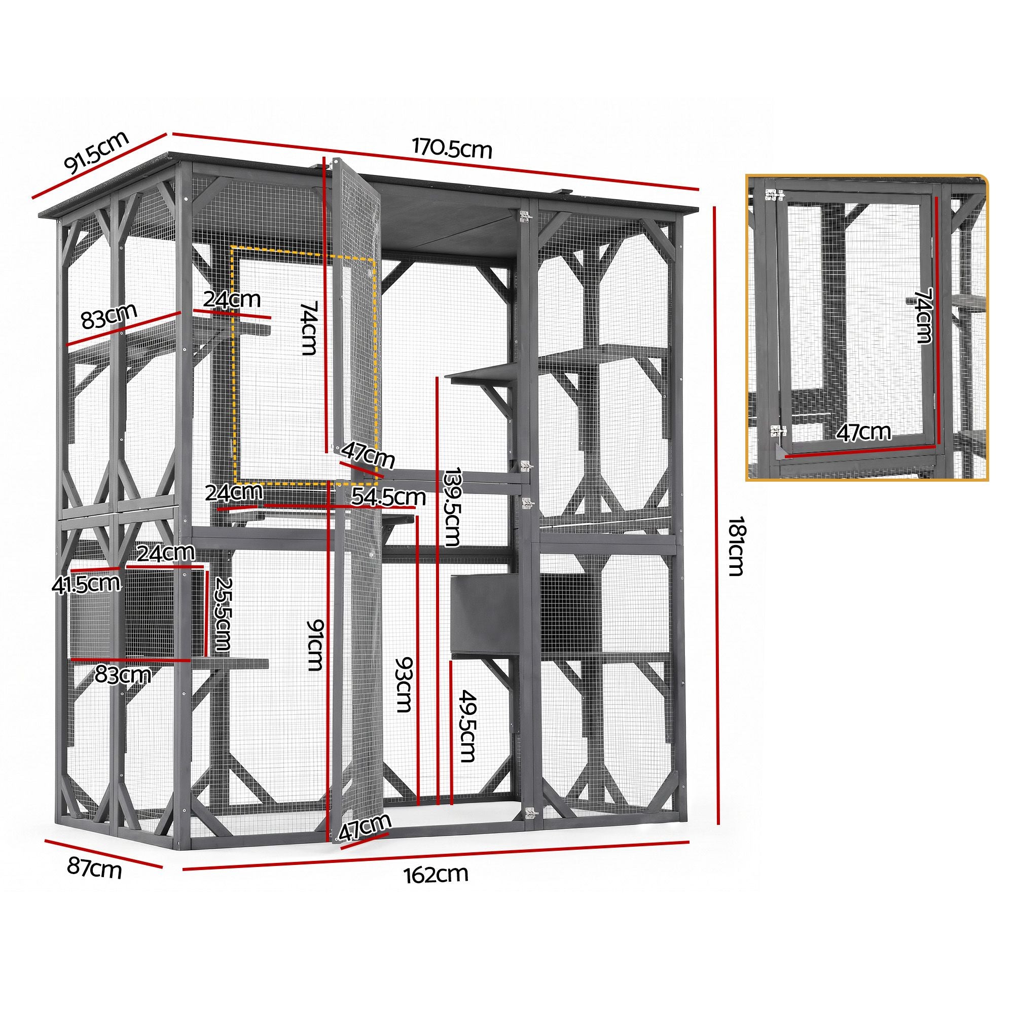 Cat House 181cm Outdoor Catio Enclosure Walk-In Large Rabbit Hutch Grey