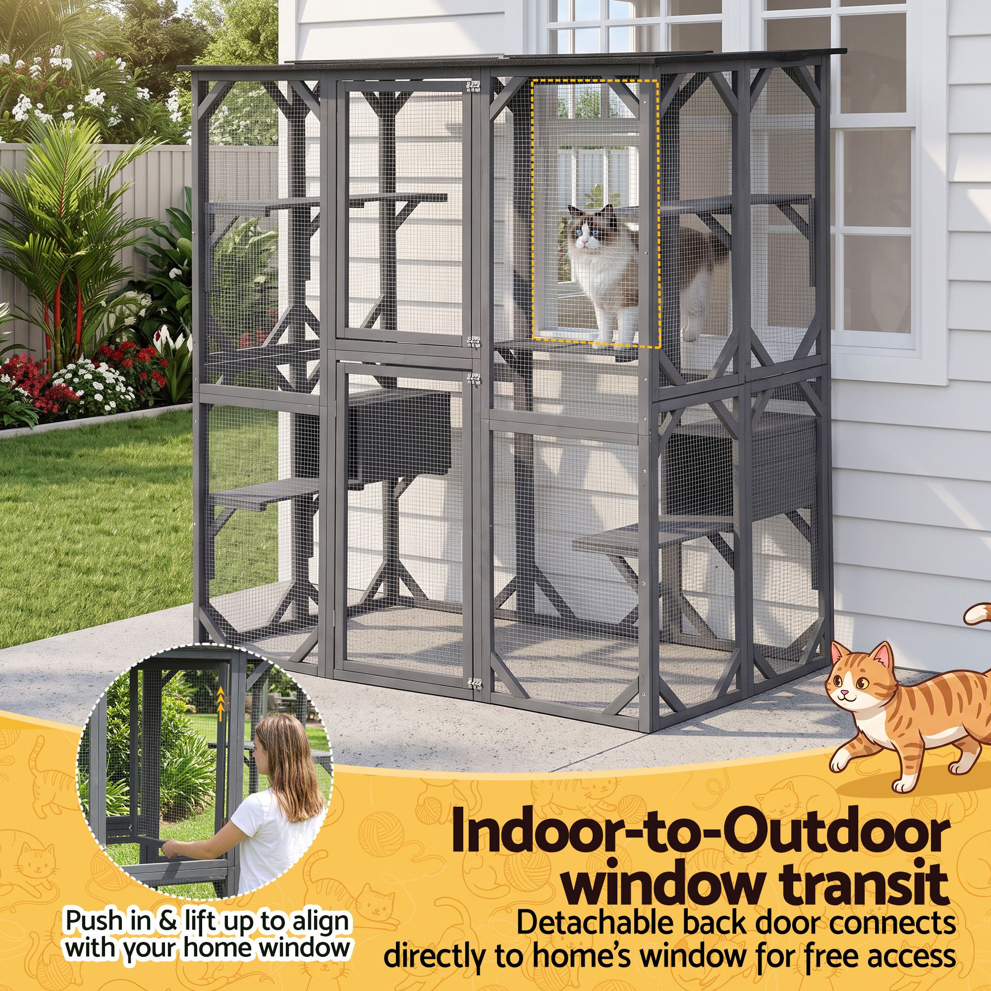 Cat House 181cm Outdoor Catio Enclosure Walk-In Large Rabbit Hutch Grey