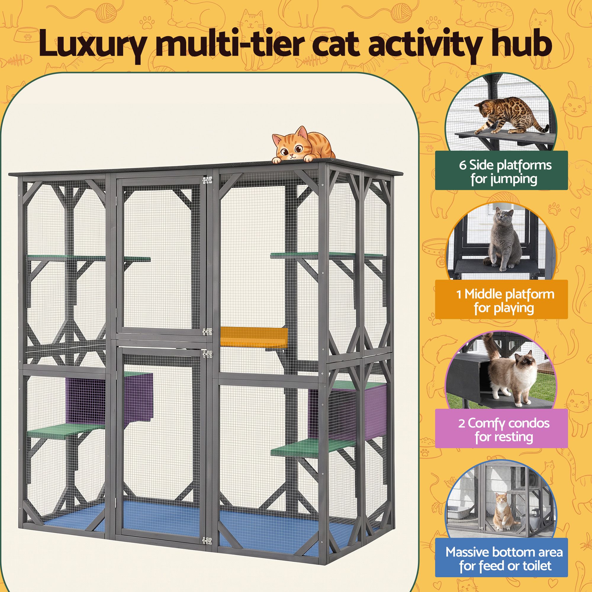 Cat House 181cm Outdoor Catio Enclosure Walk-In Large Rabbit Hutch Grey