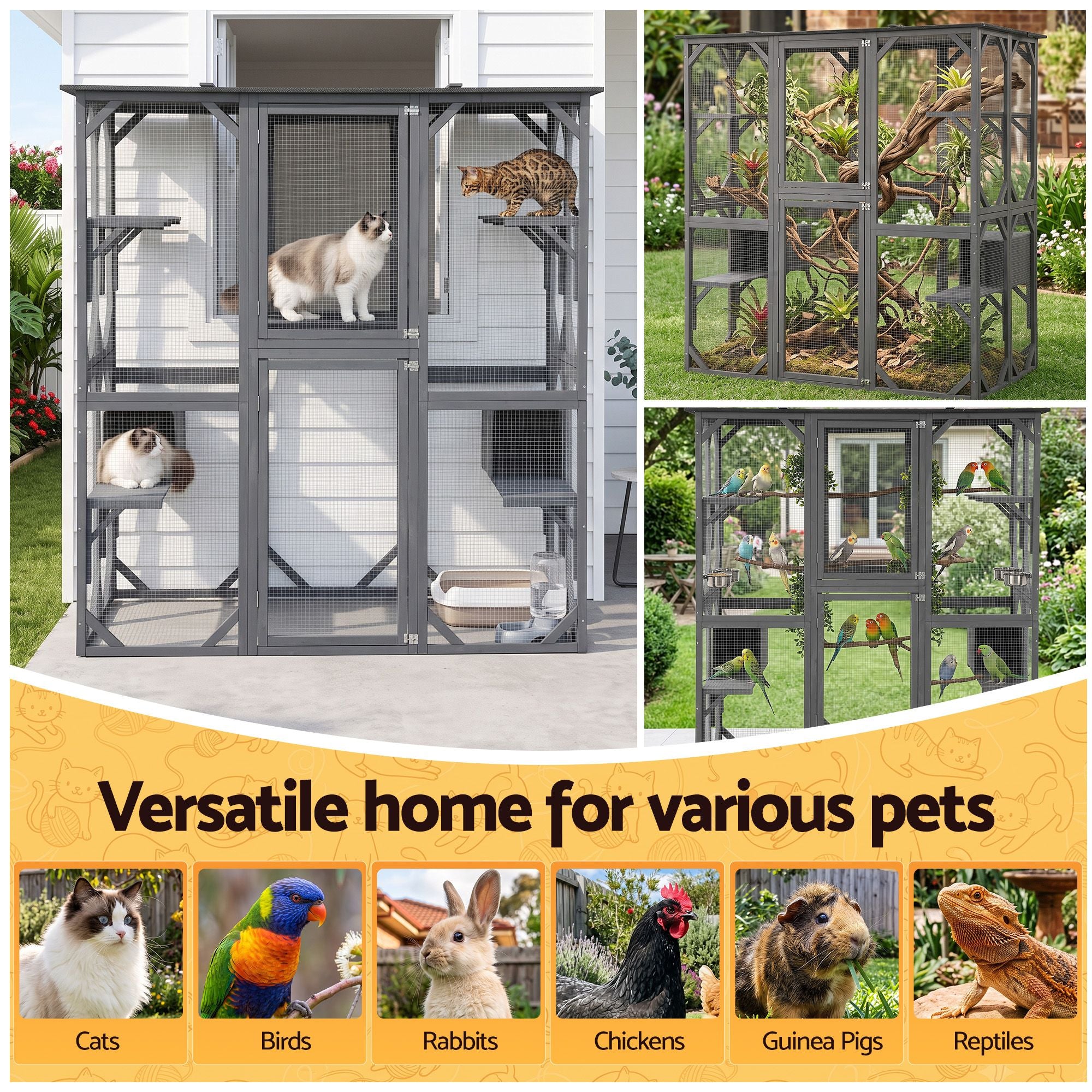 Cat House 181cm Outdoor Catio Enclosure Walk-In Large Rabbit Hutch Grey