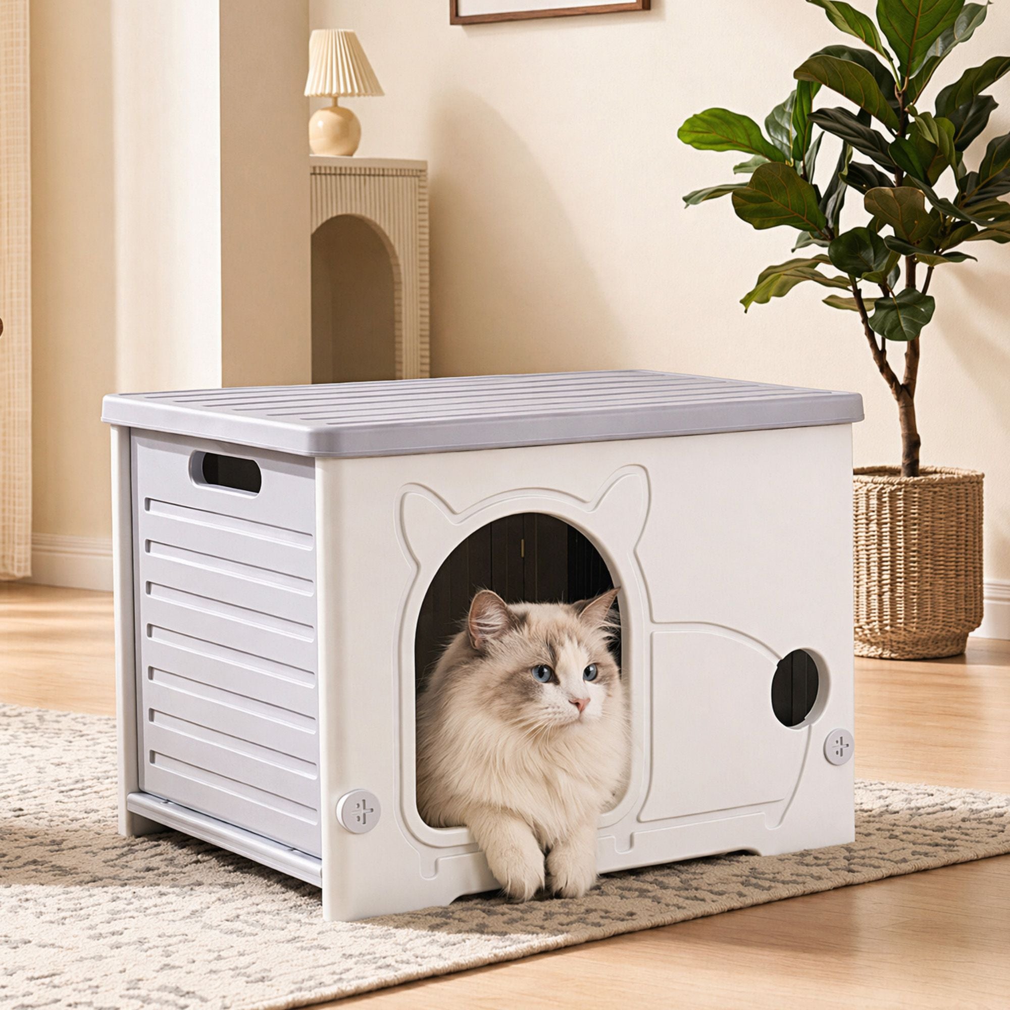 Cat House Enclosed Shelter Plastic Nest Stackable Bench Box Outdoor Indoor Grey