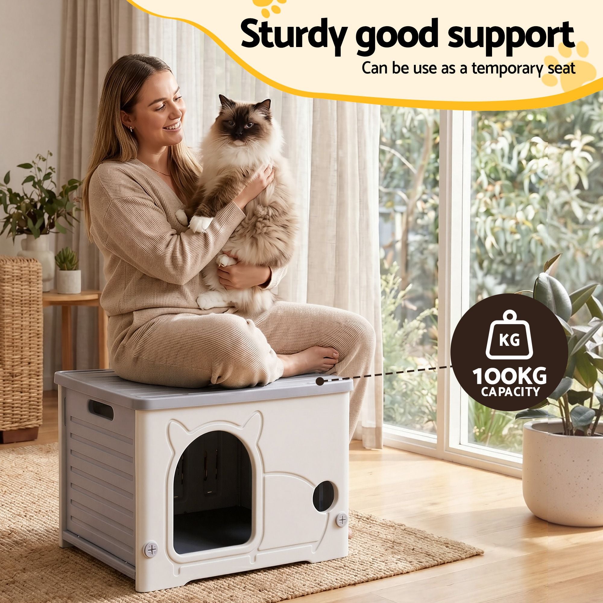 Cat House Enclosed Shelter Plastic Nest Stackable Bench Box Outdoor Indoor Grey