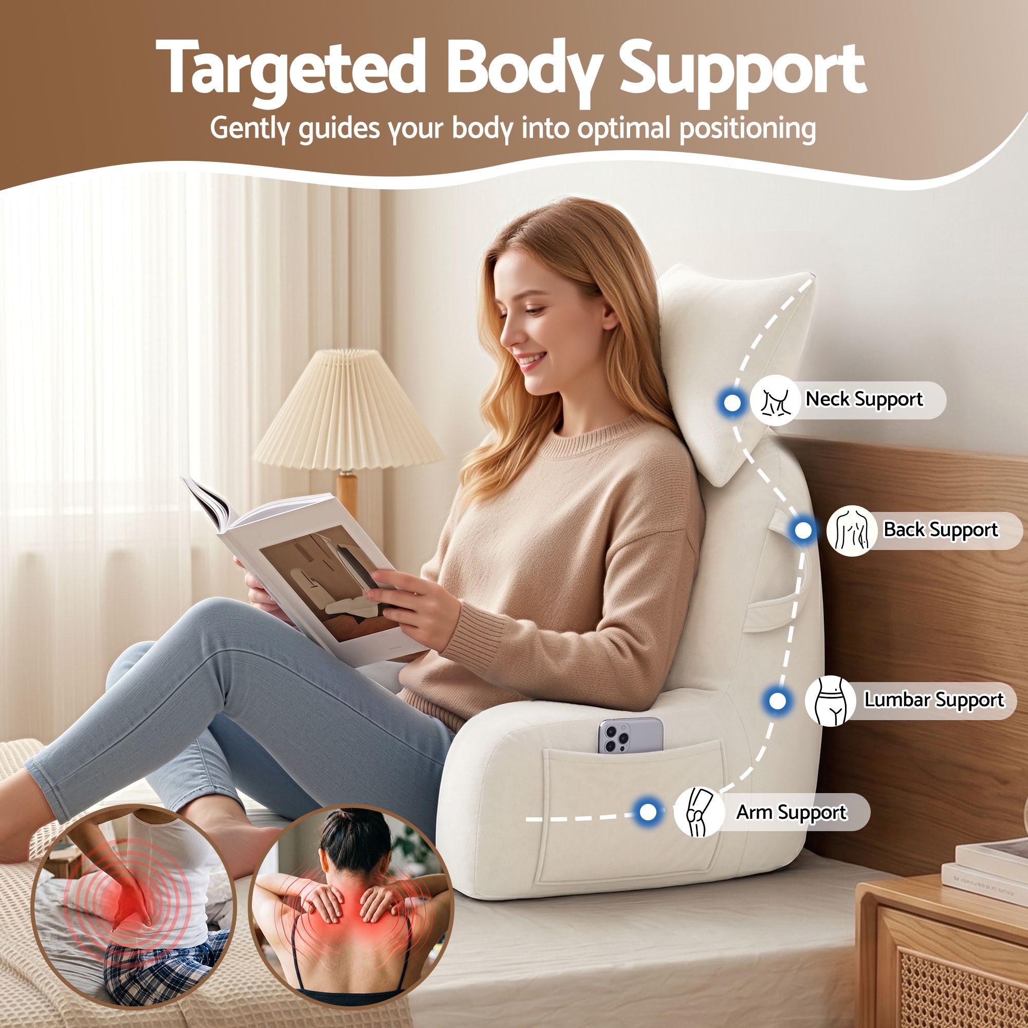 Reading Pillow with Detachable Neck Roll & Armrests Sit Up Pillow for Bed Back Support Pillow for Watching TV & Gaming Beige