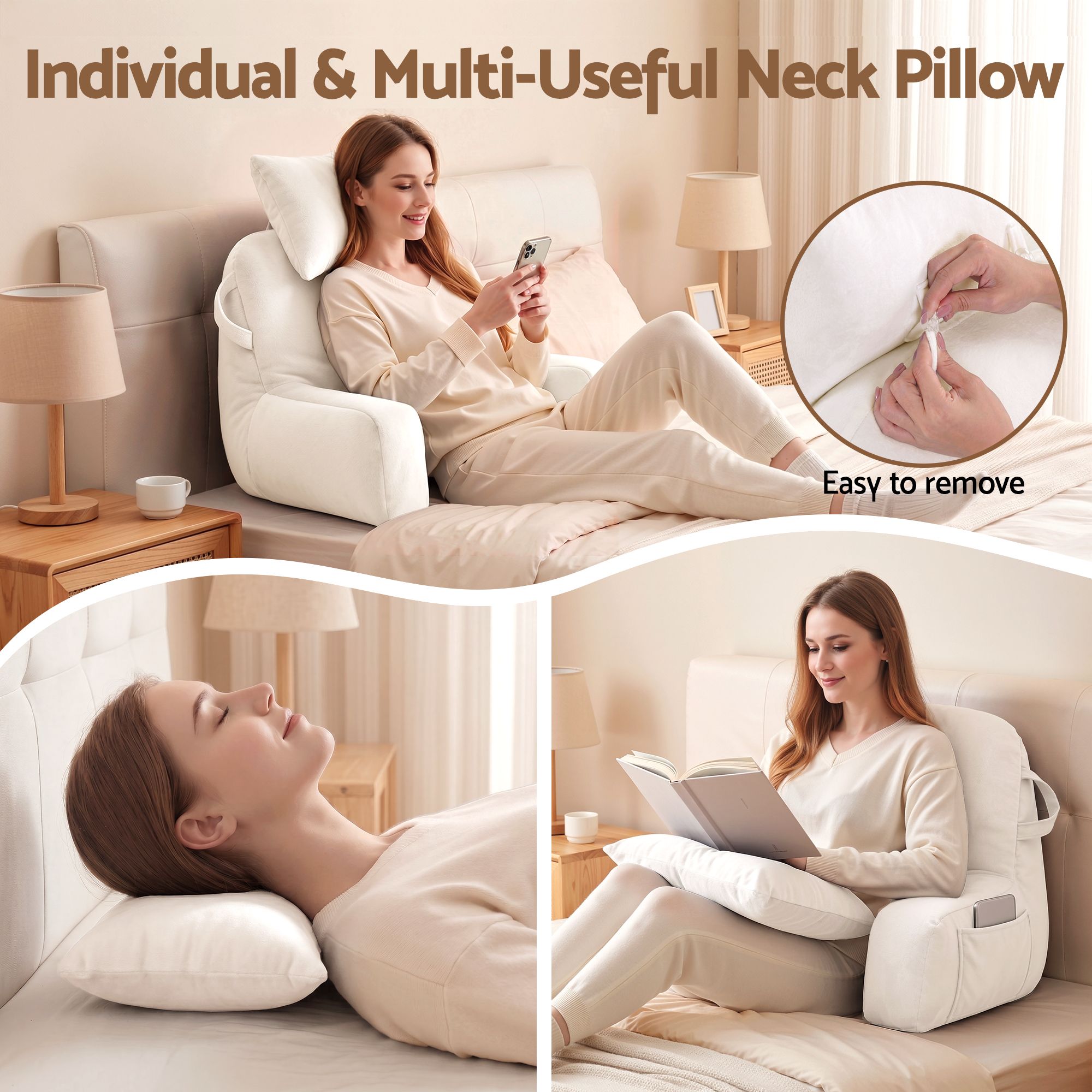Reading Pillow with Detachable Neck Roll & Armrests Sit Up Pillow for Bed Back Support Pillow for Watching TV & Gaming Beige