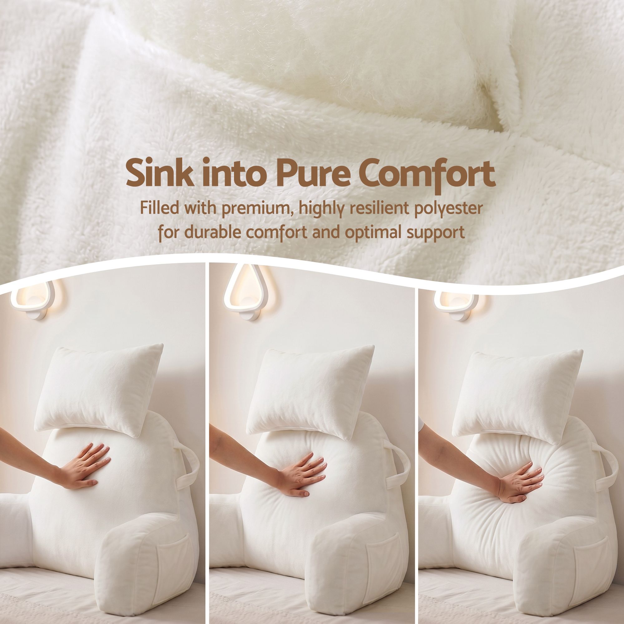 Reading Pillow with Detachable Neck Roll & Armrests Sit Up Pillow for Bed Back Support Pillow for Watching TV & Gaming Beige
