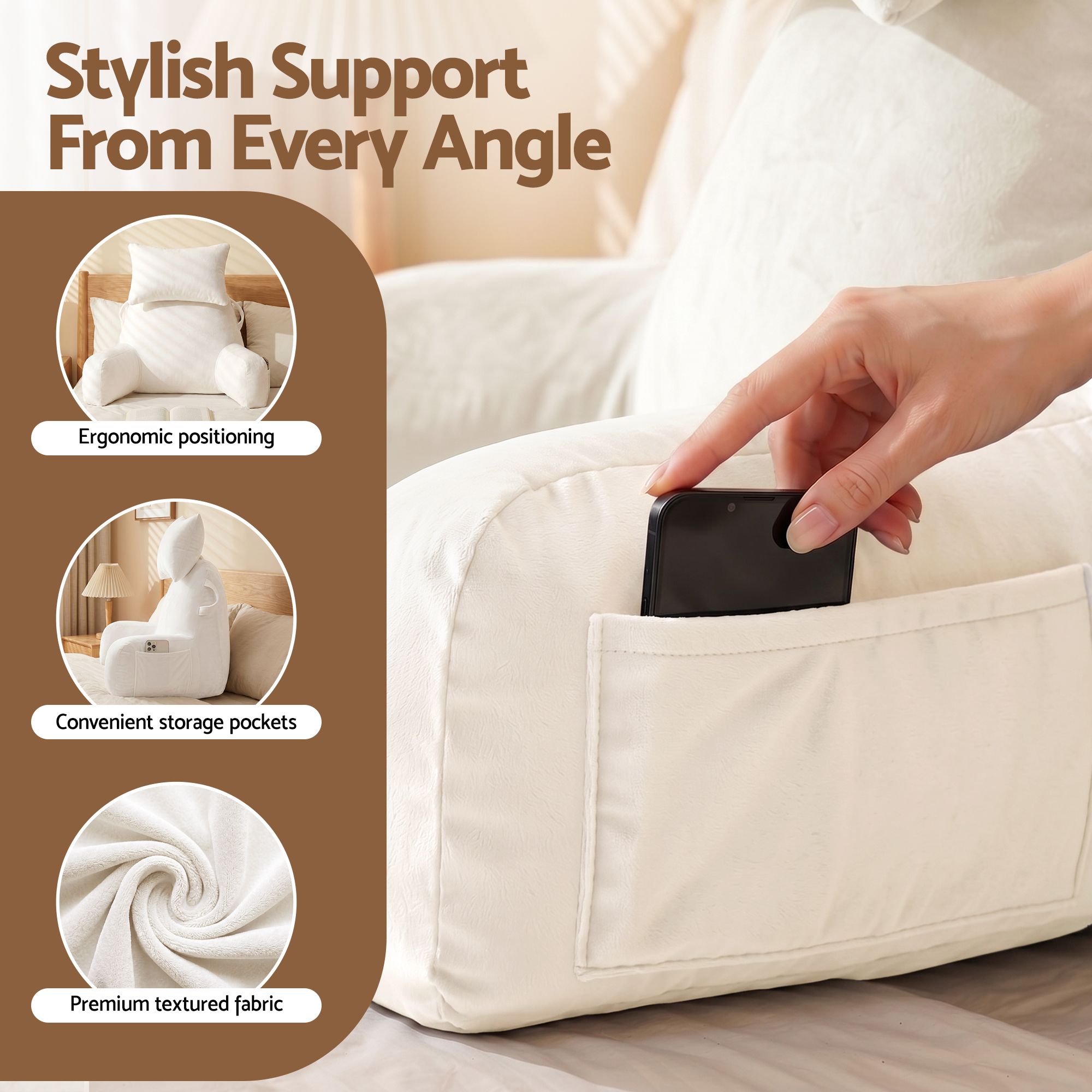 Reading Pillow with Detachable Neck Roll & Armrests Sit Up Pillow for Bed Back Support Pillow for Watching TV & Gaming Beige
