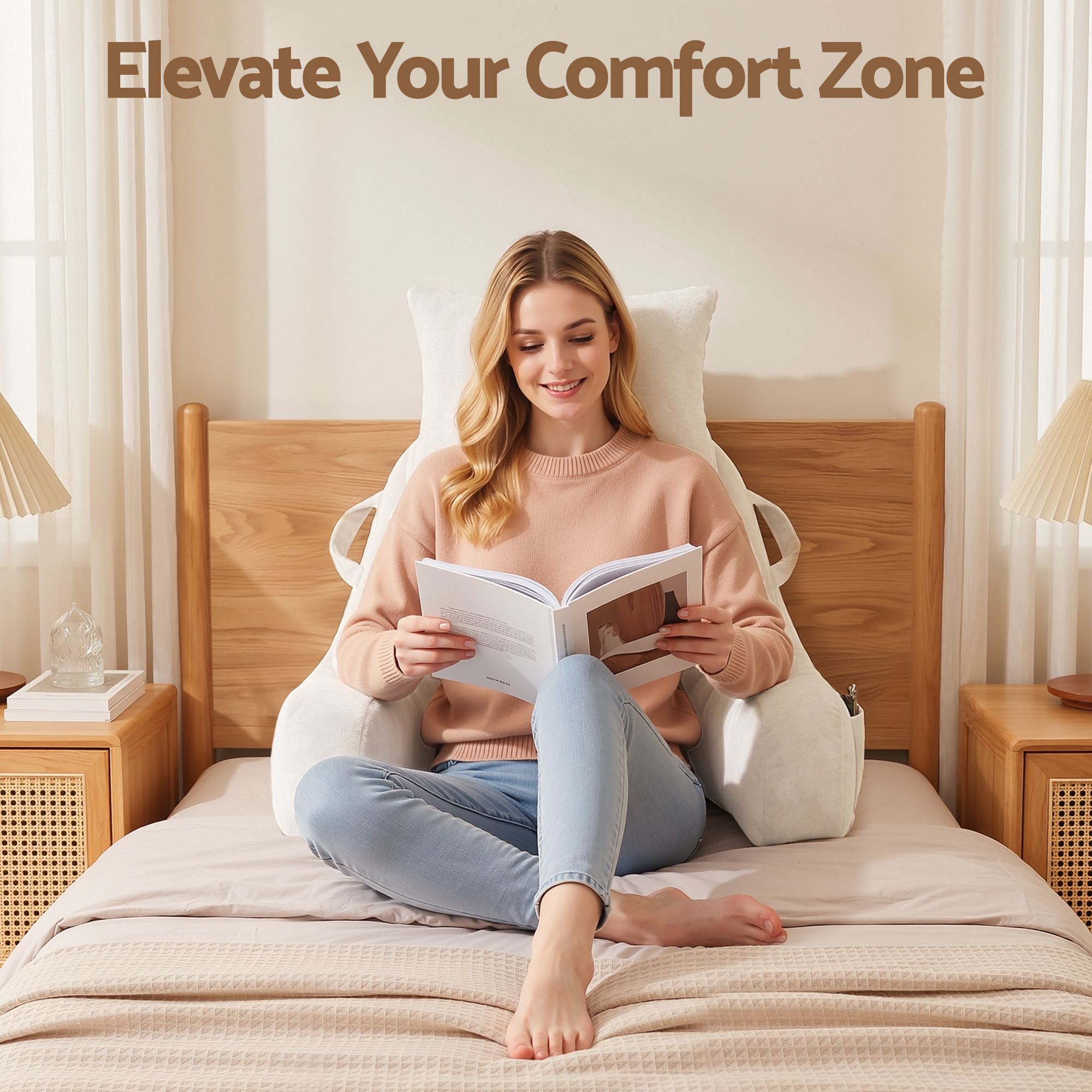 Reading Pillow with Detachable Neck Roll & Armrests Sit Up Pillow for Bed Back Support Pillow for Watching TV & Gaming Beige