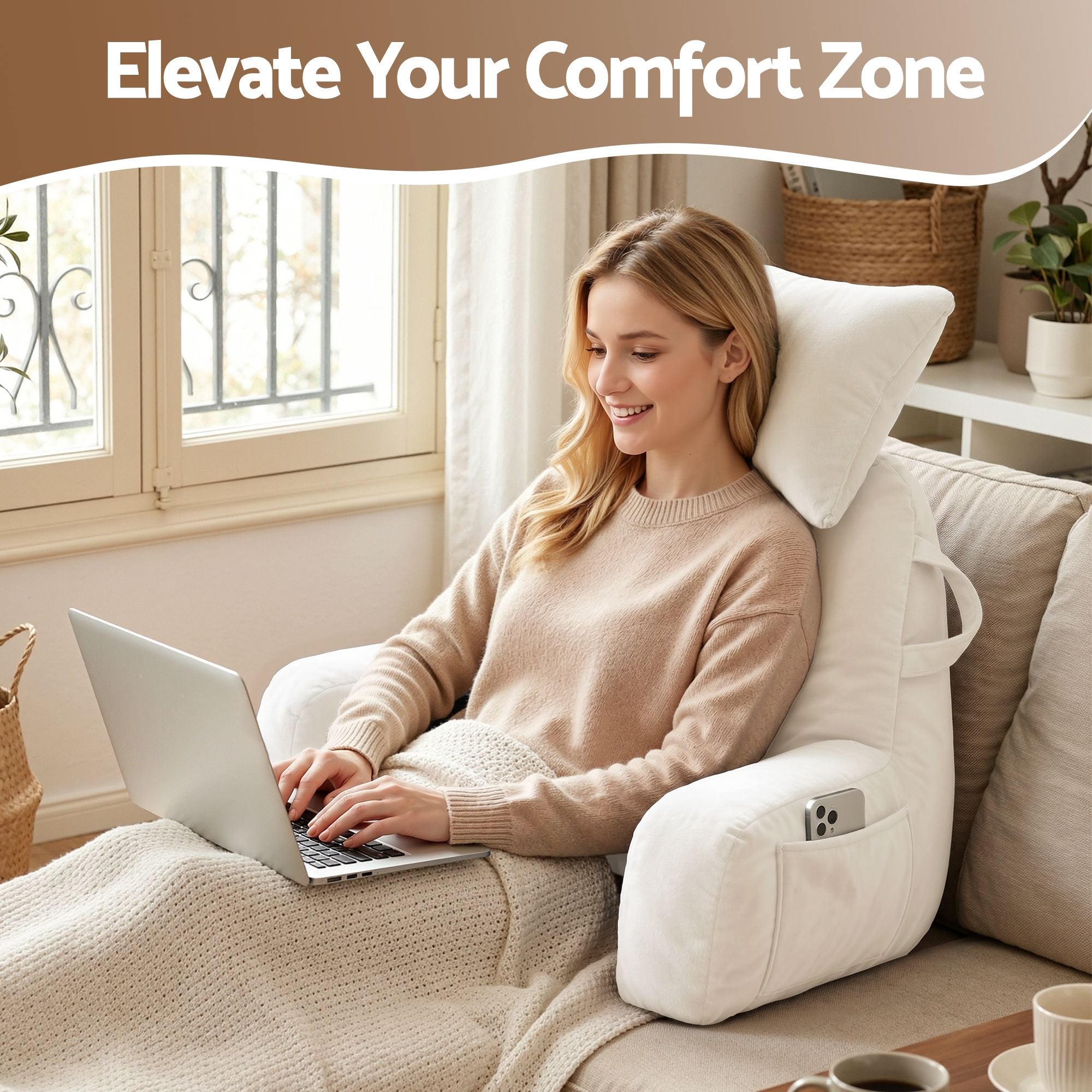 Reading Pillow with Detachable Neck Roll & Armrests Sit Up Pillow for Bed Back Support Pillow for Watching TV & Gaming Beige