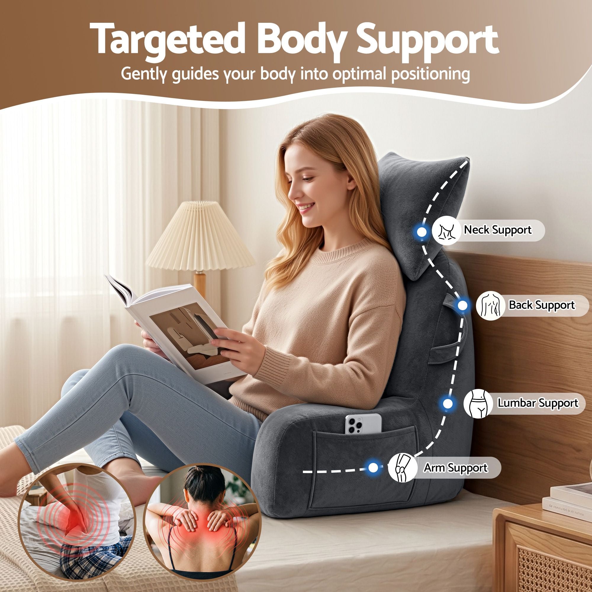 Reading Pillow with Detachable Neck Roll & Armrests Sit Up Pillow for Bed Back Support Pillow for Watching TV & Gaming