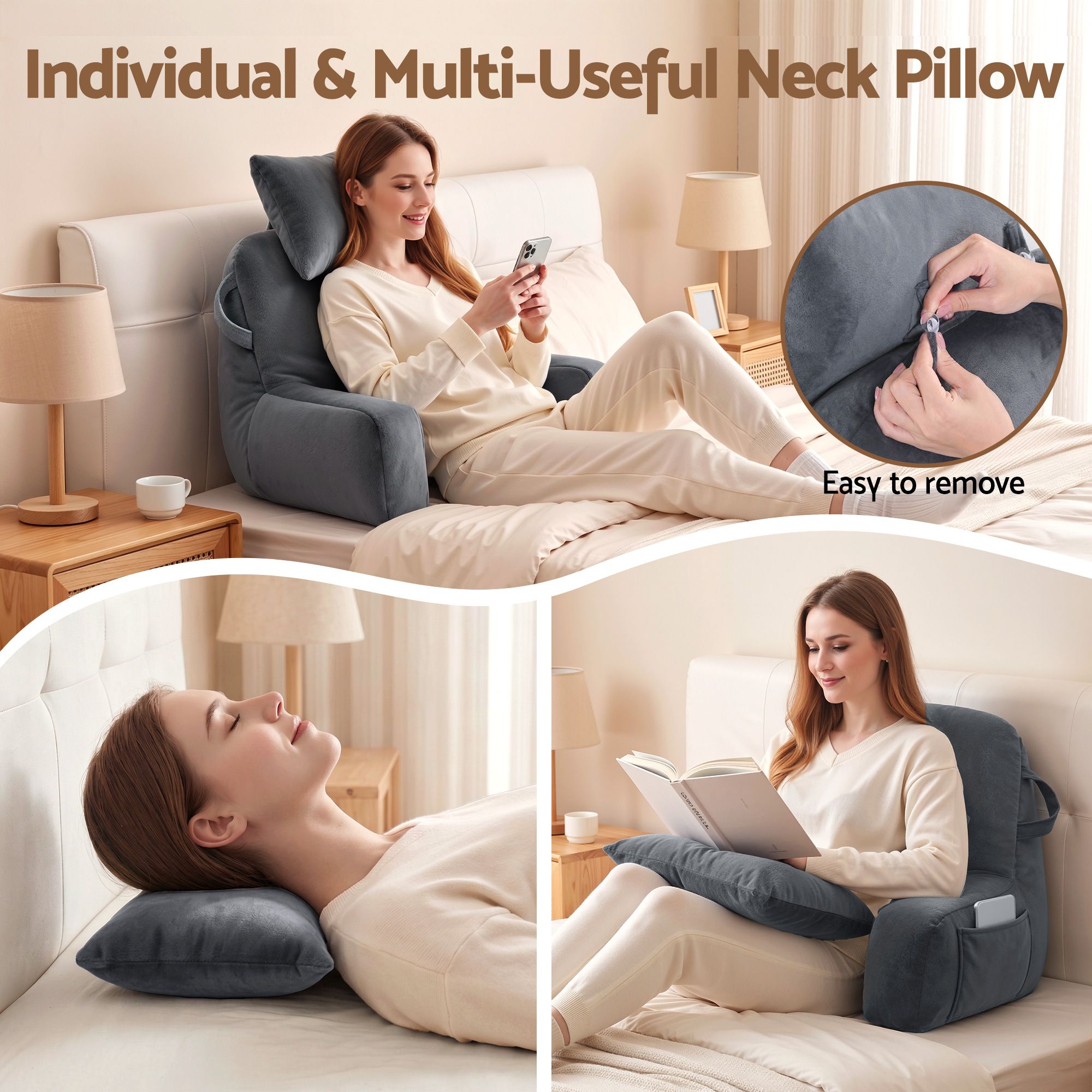 Reading Pillow with Detachable Neck Roll & Armrests Sit Up Pillow for Bed Back Support Pillow for Watching TV & Gaming