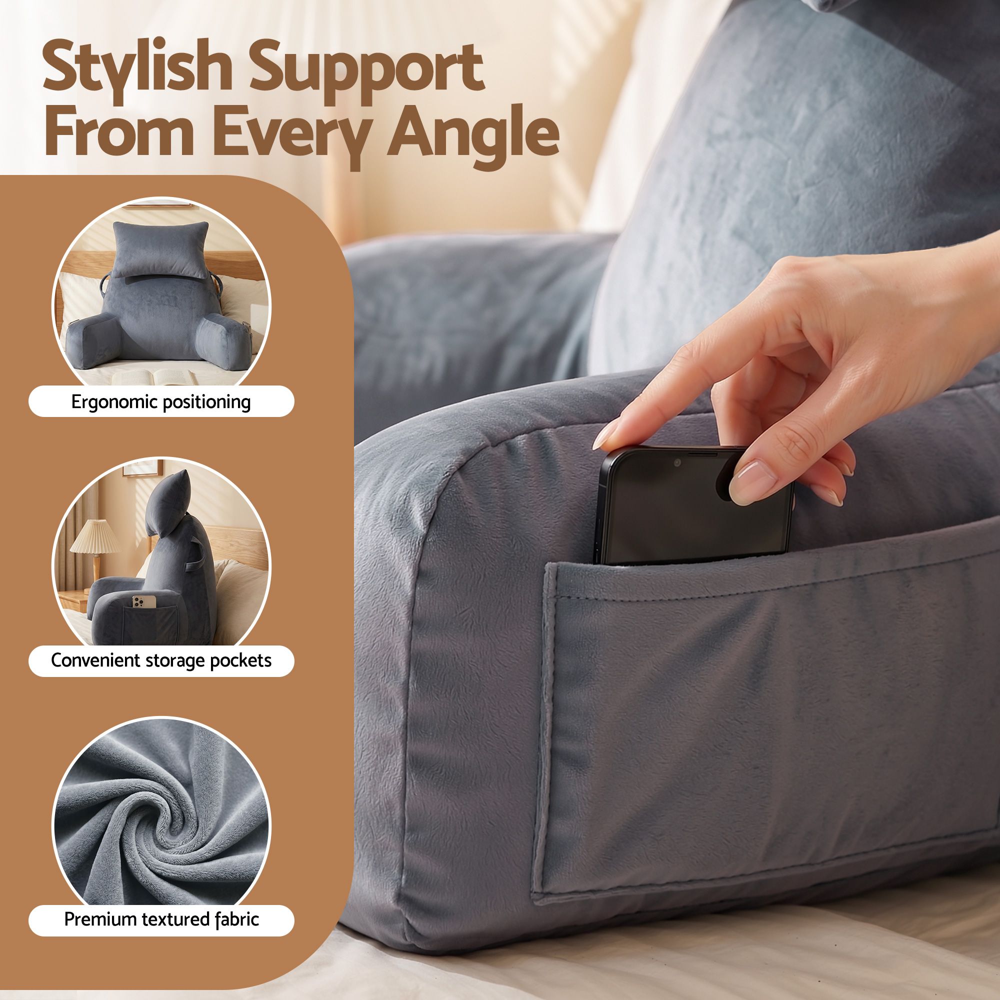Reading Pillow with Detachable Neck Roll & Armrests Sit Up Pillow for Bed Back Support Pillow for Watching TV & Gaming