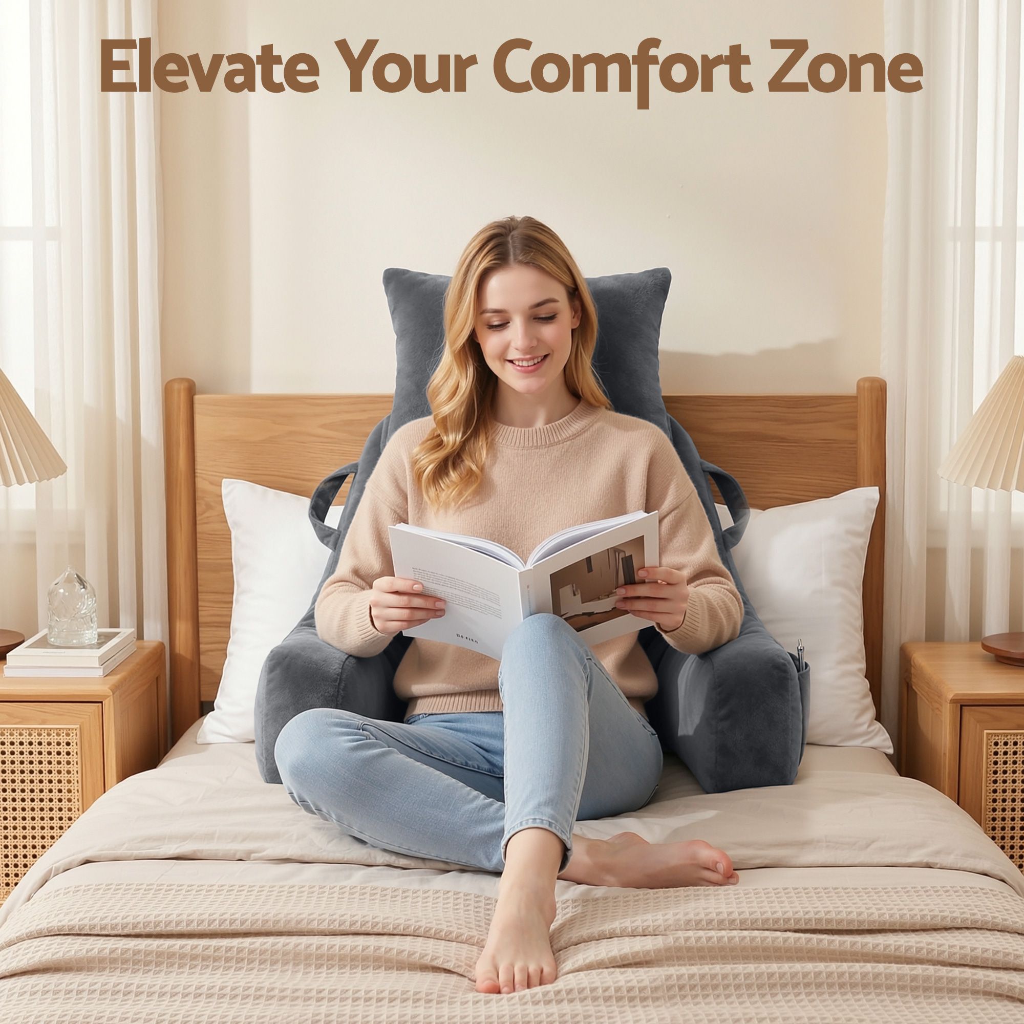 Reading Pillow with Detachable Neck Roll & Armrests Sit Up Pillow for Bed Back Support Pillow for Watching TV & Gaming