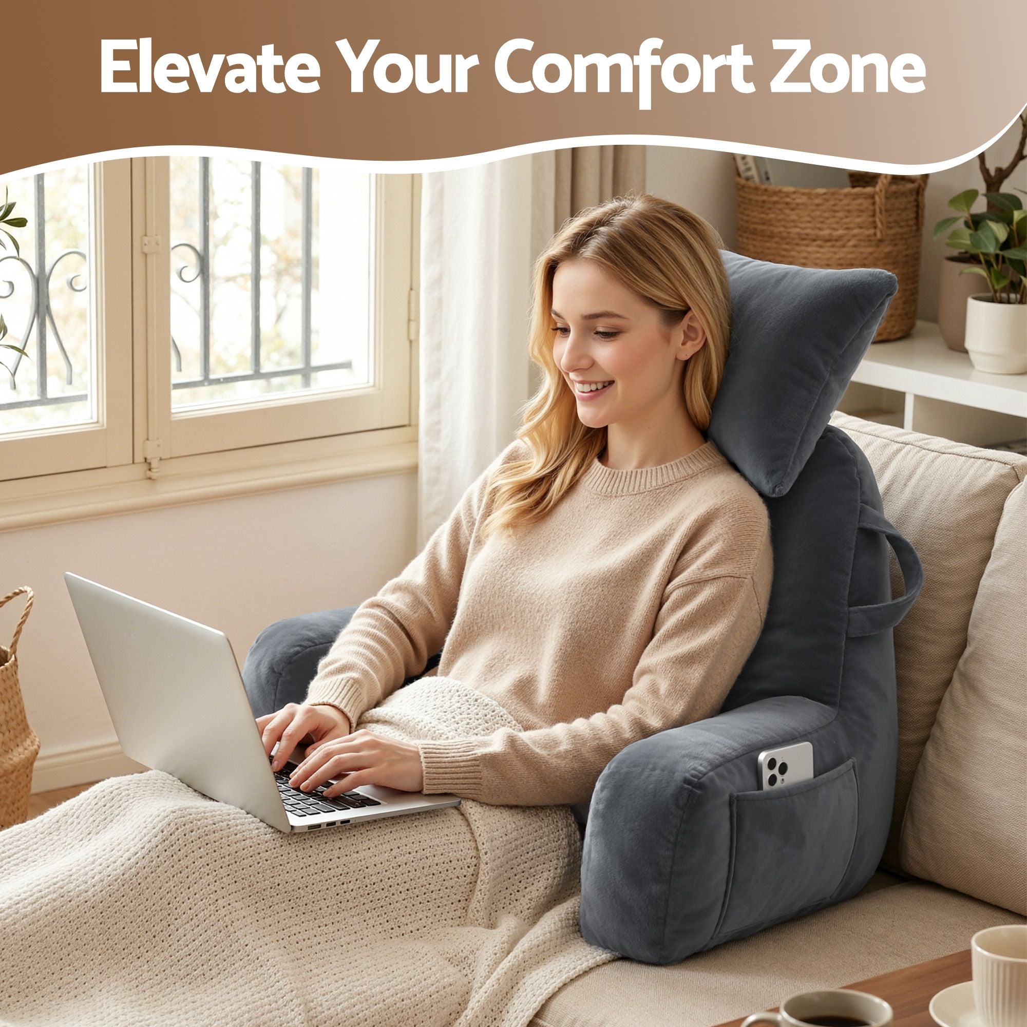 Reading Pillow with Detachable Neck Roll & Armrests Sit Up Pillow for Bed Back Support Pillow for Watching TV & Gaming