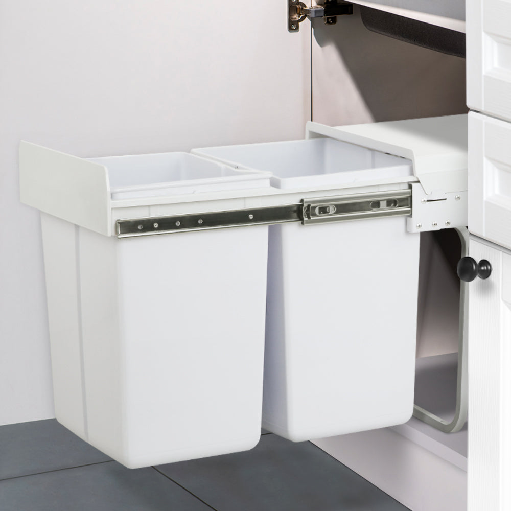Pull Out Bin Kitchen Double Basket 2X20L White