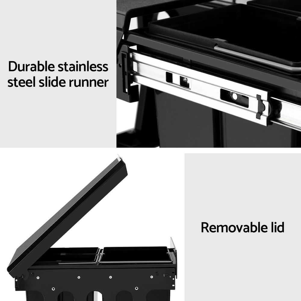 Pull Out Bin Kitchen Triple Slide Garbage Rubbish Bins Basket Blcak 31L