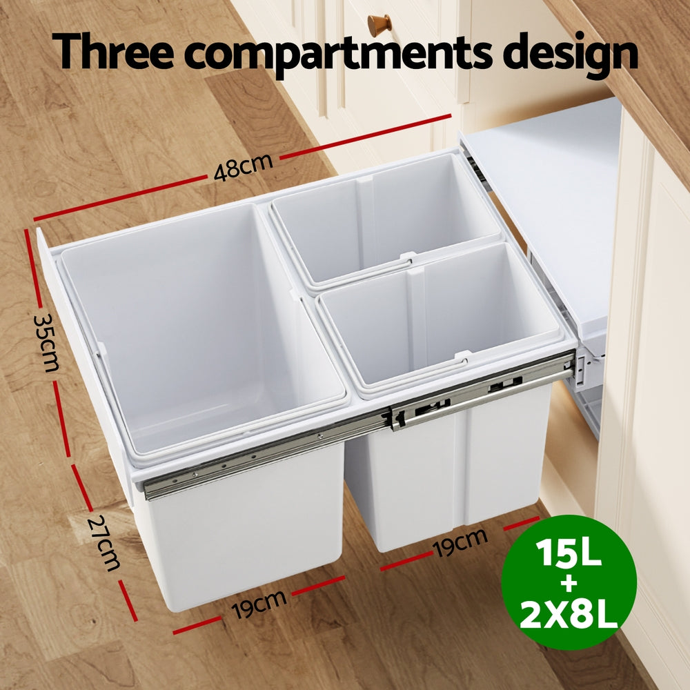 Pull Out Bin Kitchen Triple Slide Garbage Rubbish Bins Basket White 31L