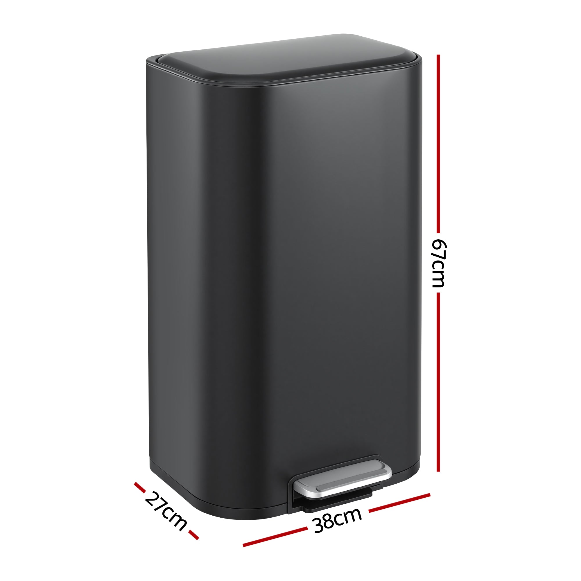 40L Kitchen Pedal Trash Can with Soft Close Lid, Removable Inner Bucket, Rectangular Steel Bin - Black