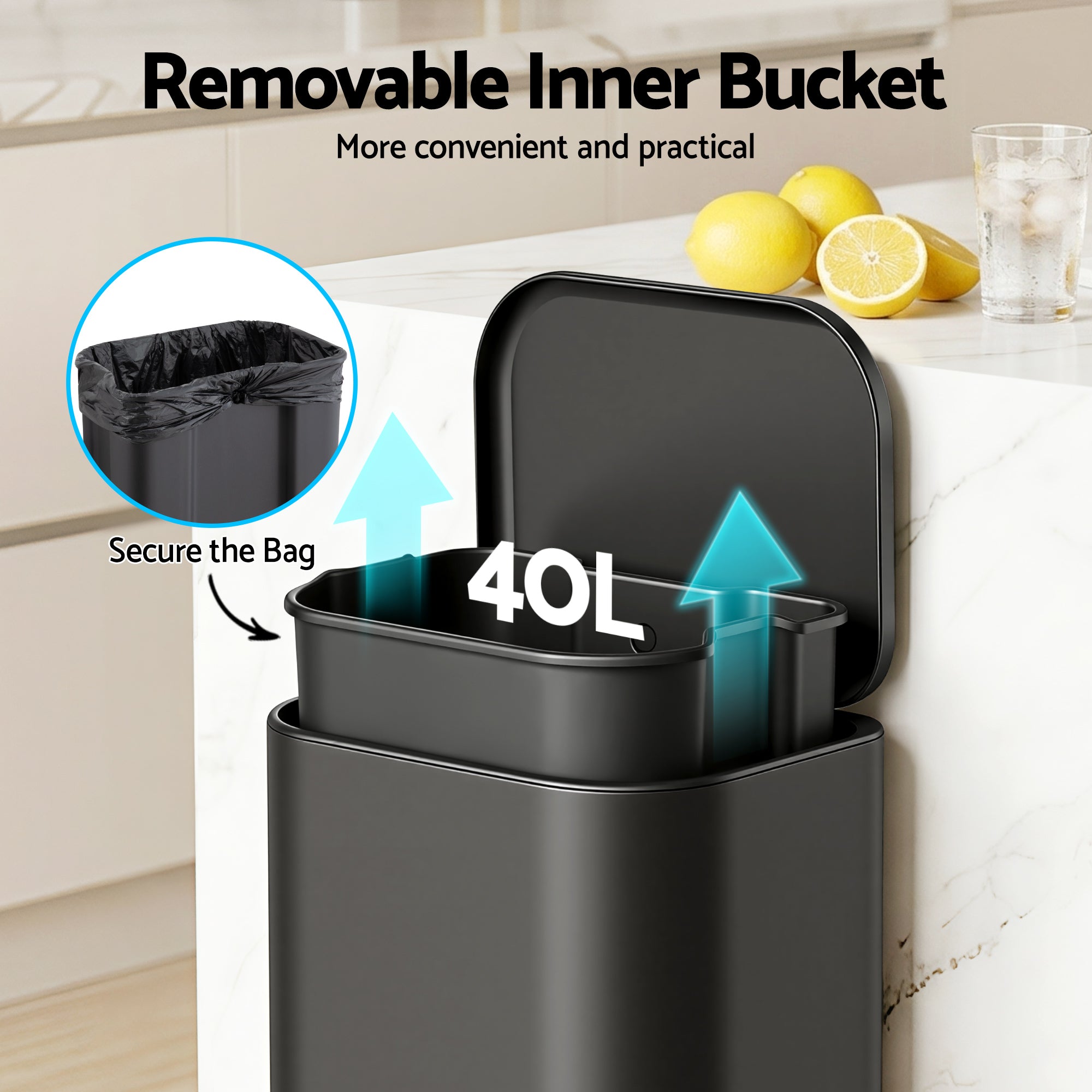 40L Kitchen Pedal Trash Can with Soft Close Lid, Removable Inner Bucket, Rectangular Steel Bin - Black