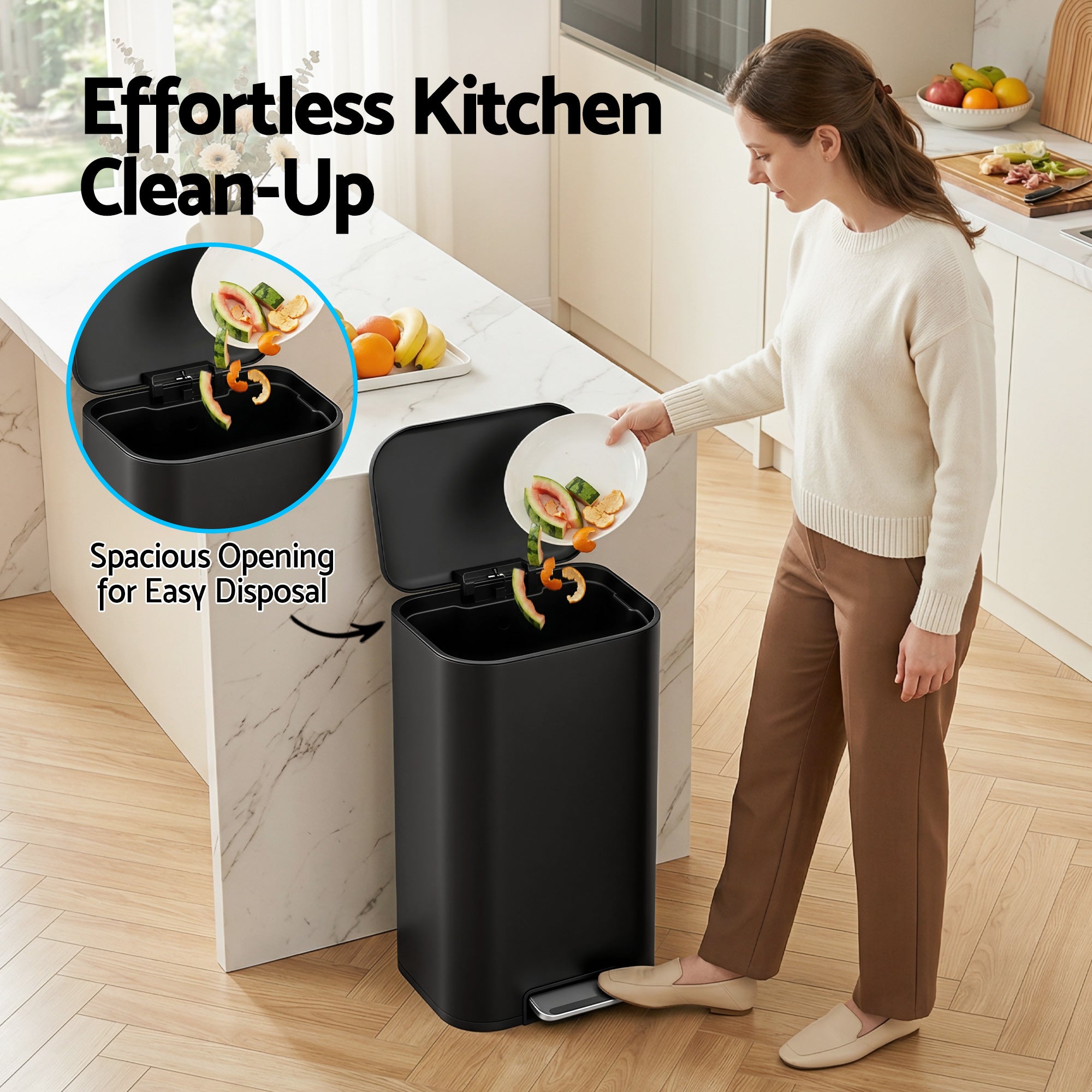 40L Kitchen Pedal Trash Can with Soft Close Lid, Removable Inner Bucket, Rectangular Steel Bin - Black