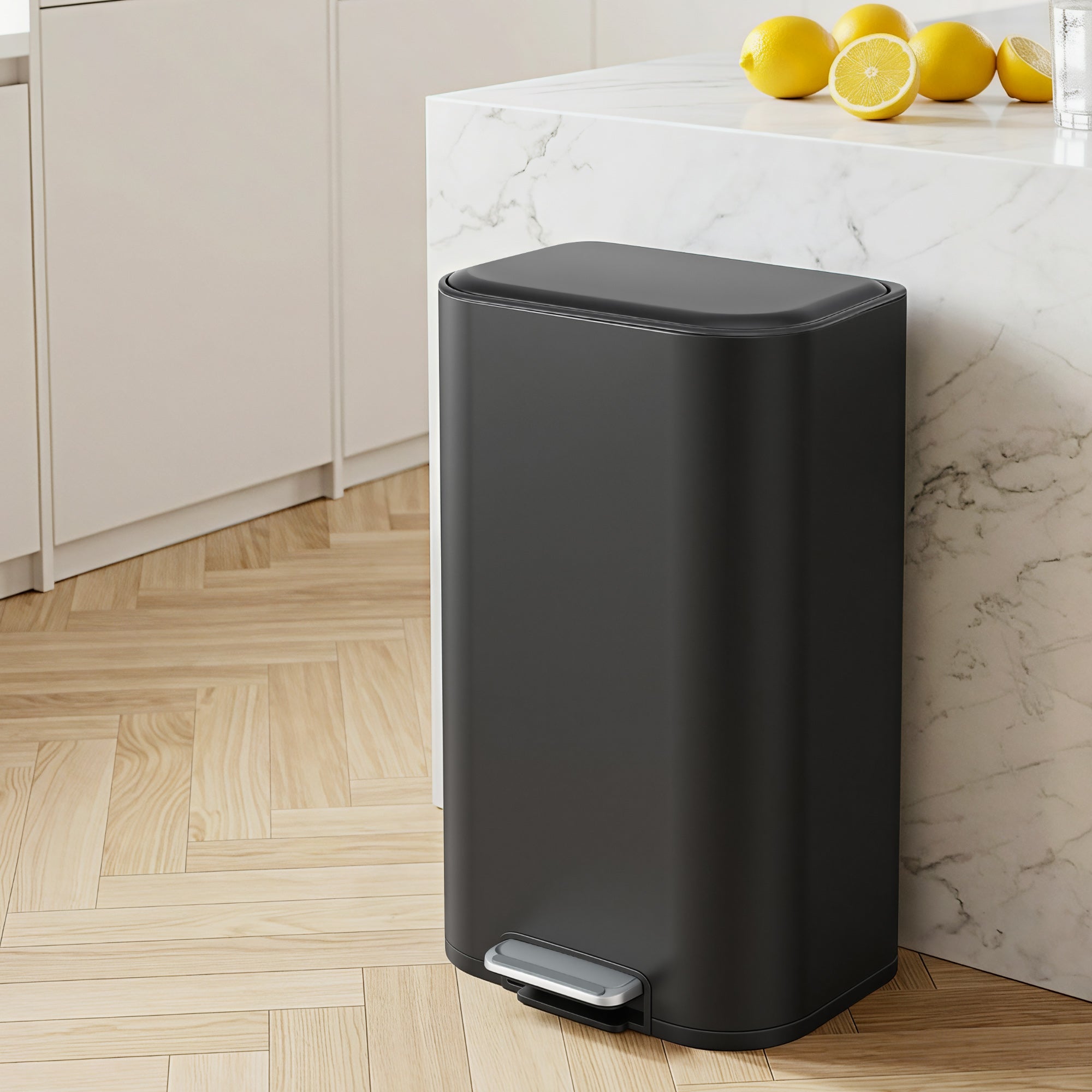 40L Kitchen Pedal Trash Can with Soft Close Lid, Removable Inner Bucket, Rectangular Steel Bin - Black